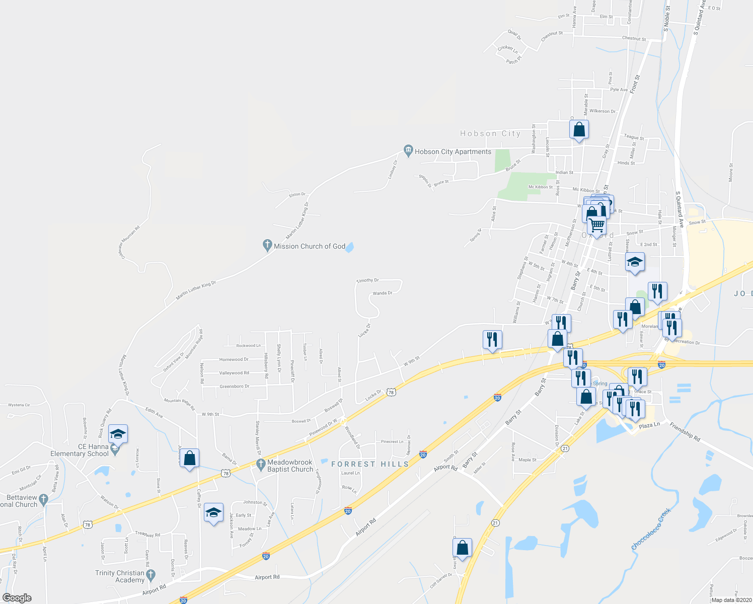 map of restaurants, bars, coffee shops, grocery stores, and more near 705 Wanda Drive in Oxford