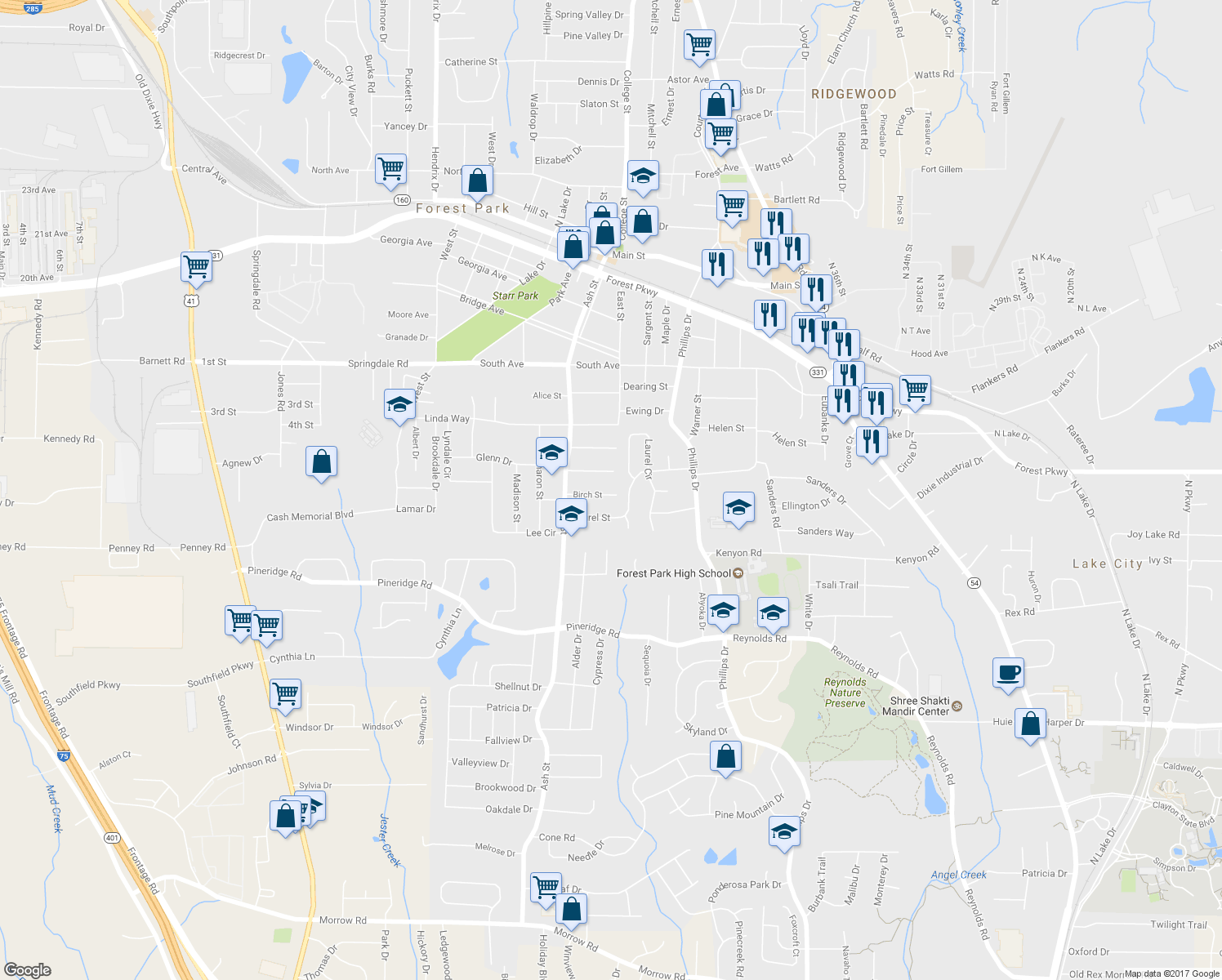 map of restaurants, bars, coffee shops, grocery stores, and more near 886 Birch Street in Forest Park