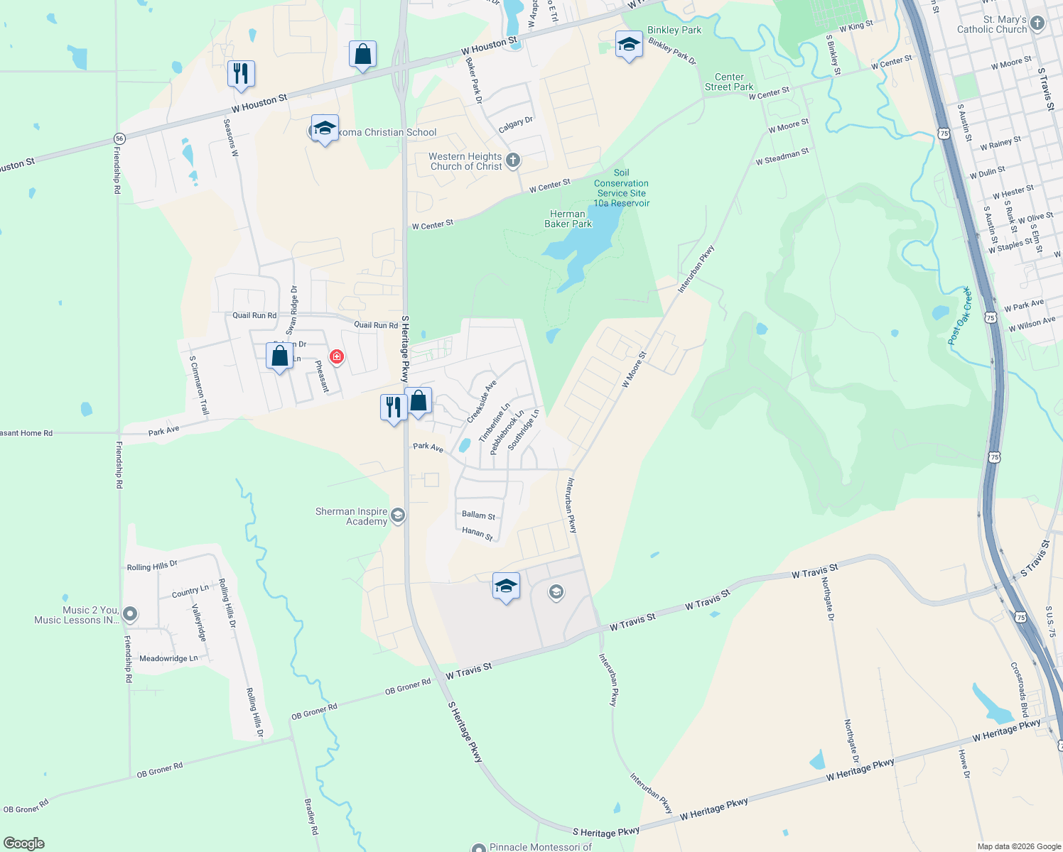 map of restaurants, bars, coffee shops, grocery stores, and more near 1721 Southridge Lane in Sherman