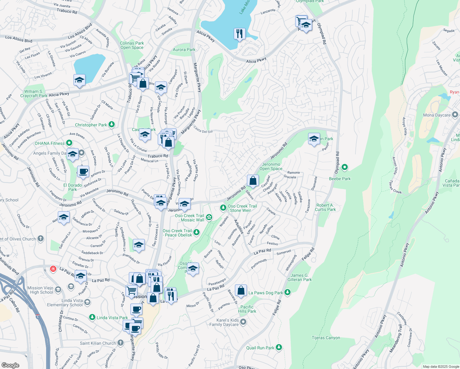 map of restaurants, bars, coffee shops, grocery stores, and more near 27751 Via Granados in Mission Viejo