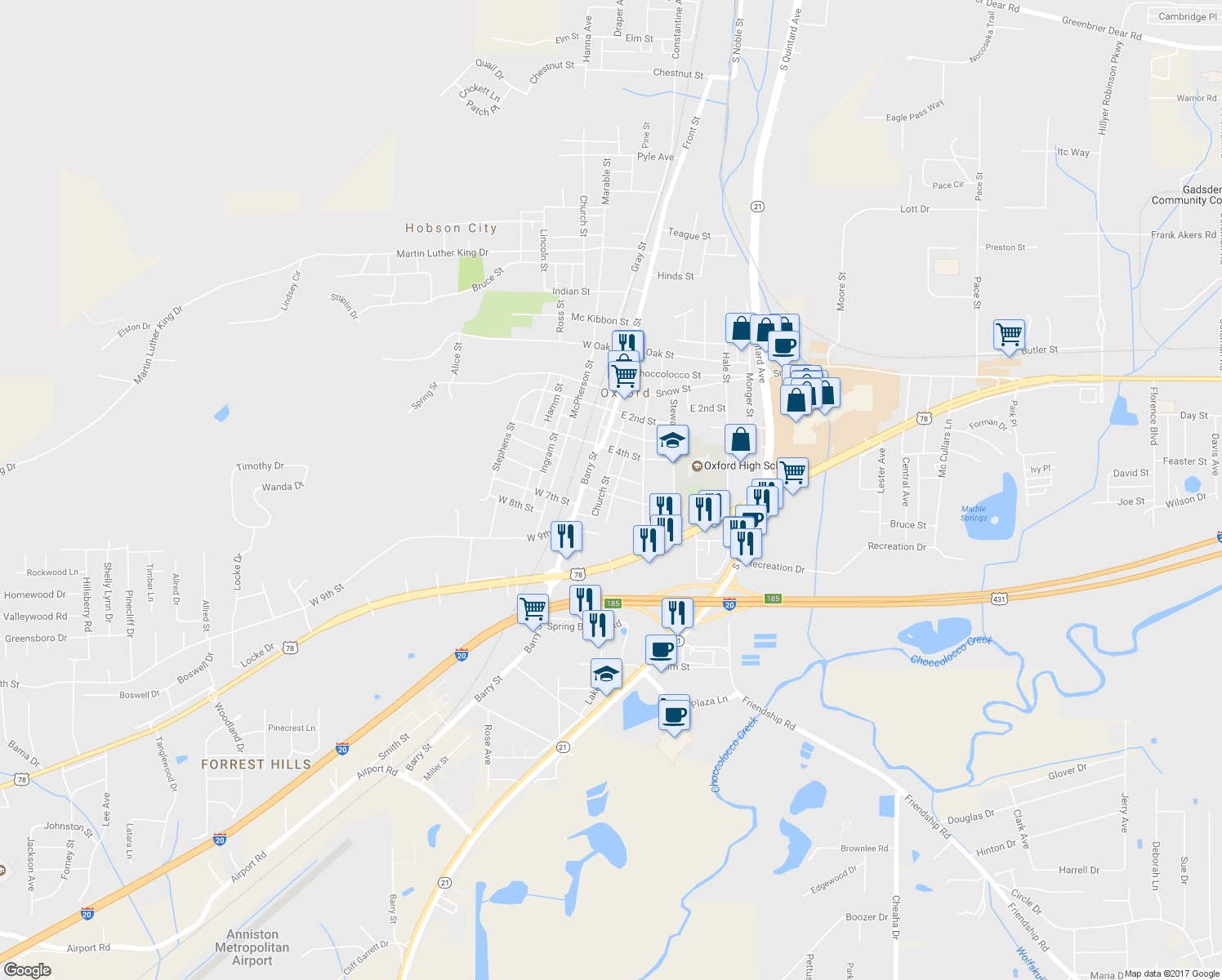 map of restaurants, bars, coffee shops, grocery stores, and more near 1001 Church Street in Oxford