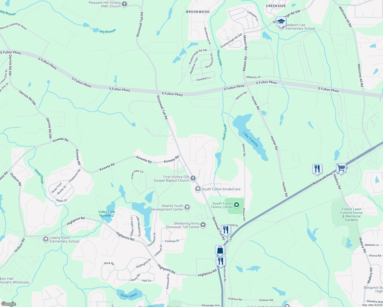 map of restaurants, bars, coffee shops, grocery stores, and more near 5300 Forest Downs Lane in College Park