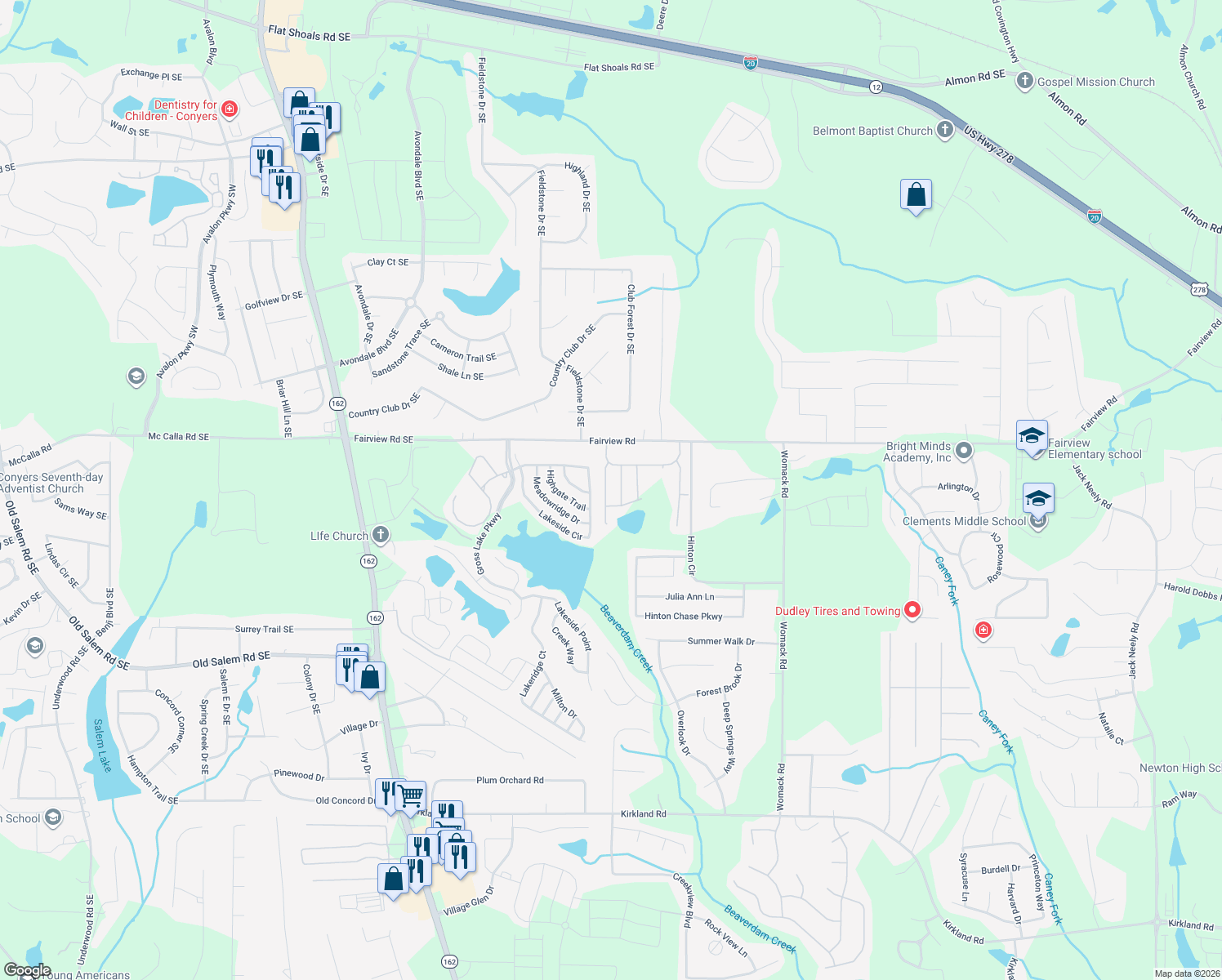 map of restaurants, bars, coffee shops, grocery stores, and more near 155 Fieldview Lane in Covington