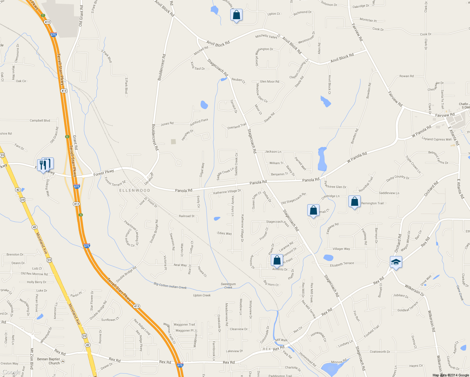 map of restaurants, bars, coffee shops, grocery stores, and more near 5304 Katherine Village Drive in Ellenwood