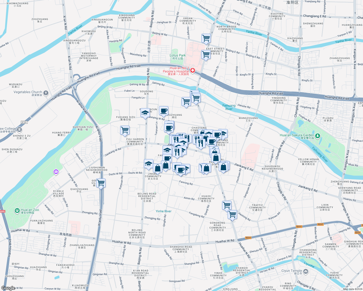 map of restaurants, bars, coffee shops, grocery stores, and more near in Huai'an
