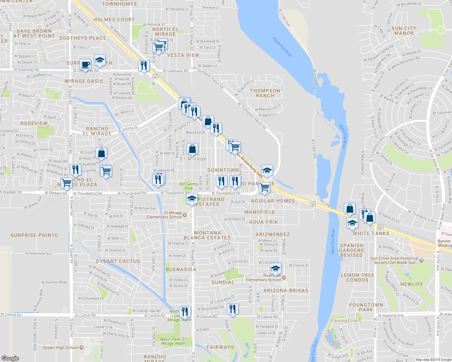 map of restaurants, bars, coffee shops, grocery stores, and more near 13909 North Poppy Street in El Mirage
