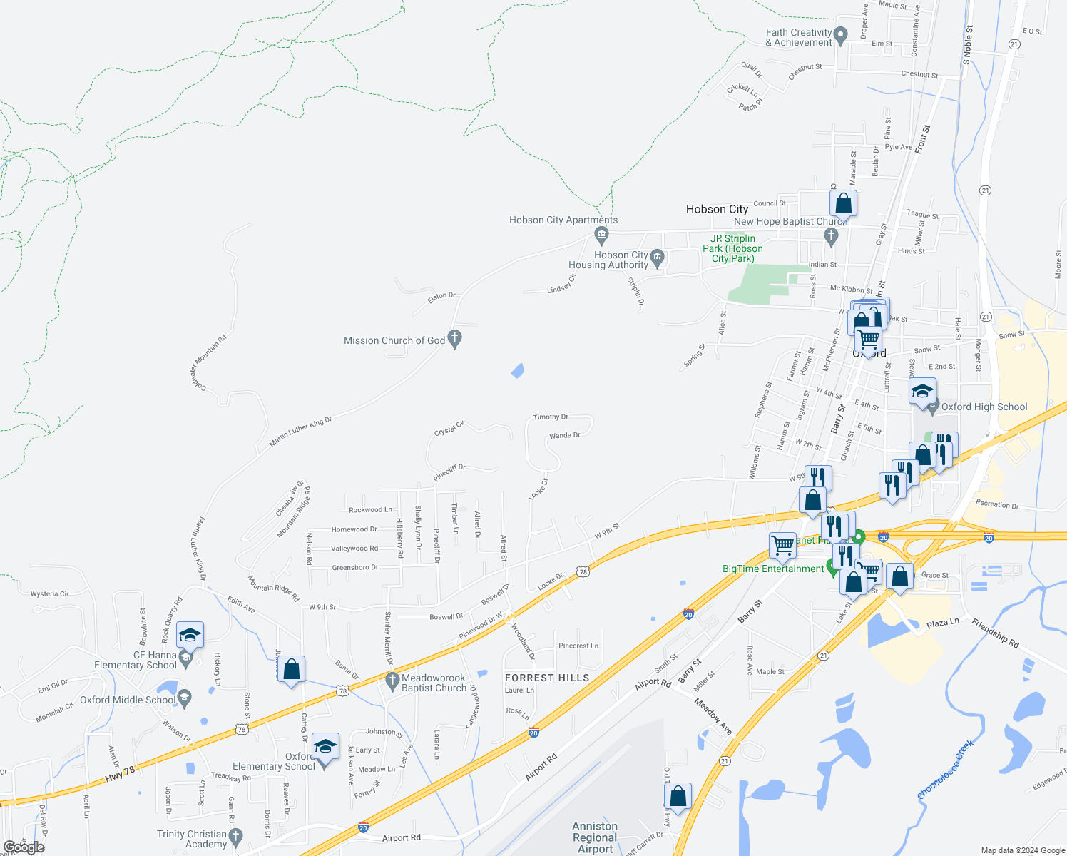 map of restaurants, bars, coffee shops, grocery stores, and more near 816 Timothy Drive in Oxford
