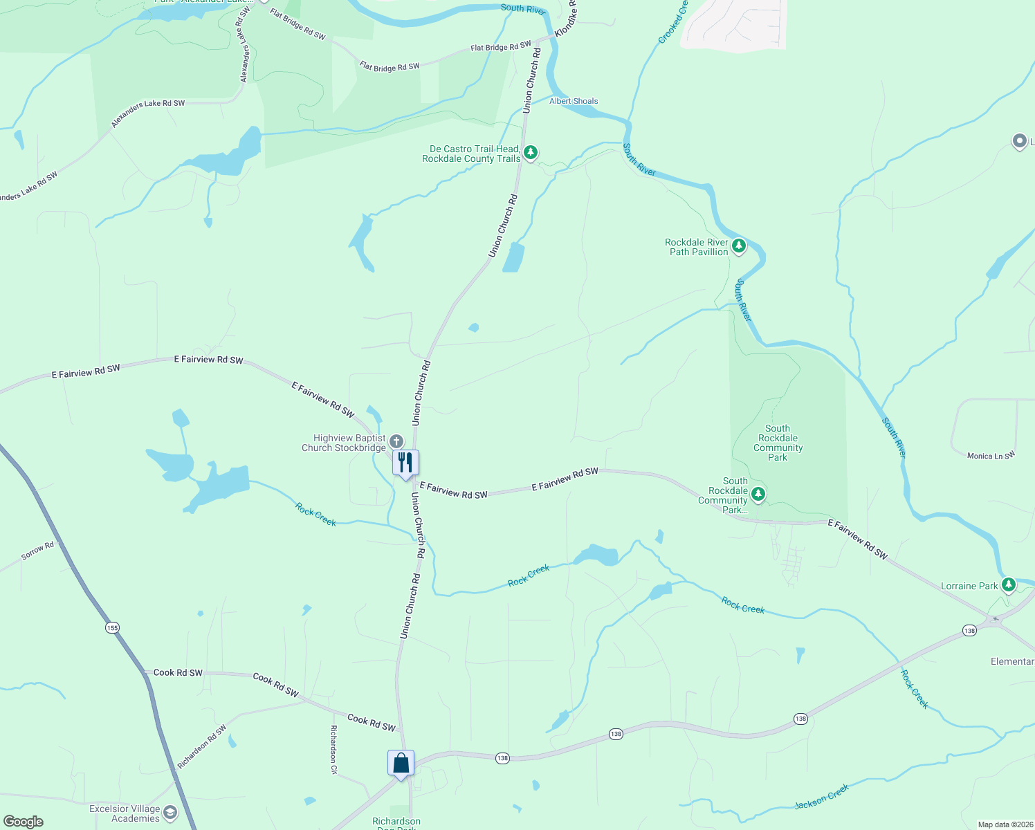 map of restaurants, bars, coffee shops, grocery stores, and more near 3060 Union Church Rd SW in Stockbridge