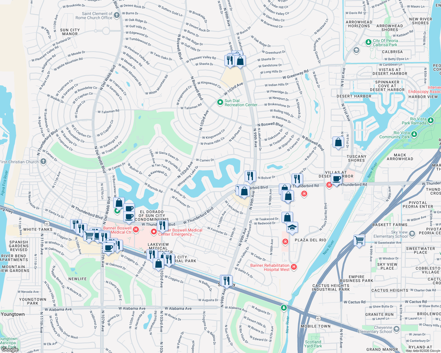 map of restaurants, bars, coffee shops, grocery stores, and more near 13839 North Driftwood Point in Sun City