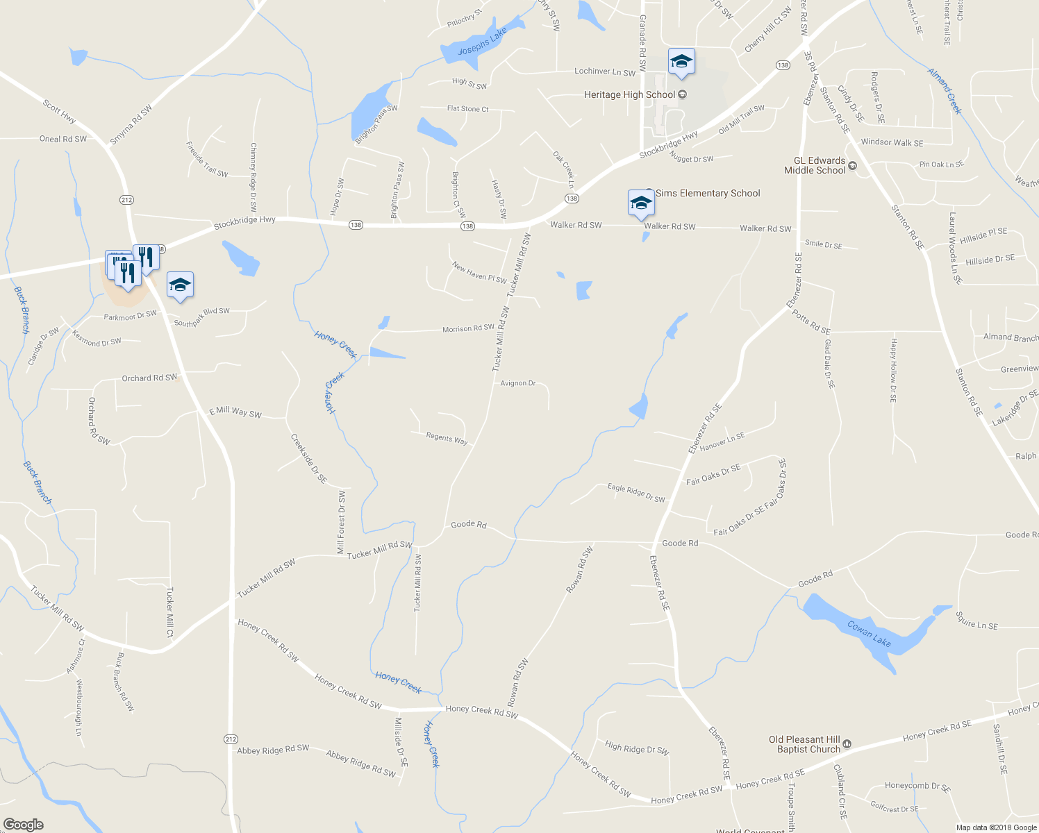 map of restaurants, bars, coffee shops, grocery stores, and more near 2310 Tucker Mill Road Southwest in Conyers