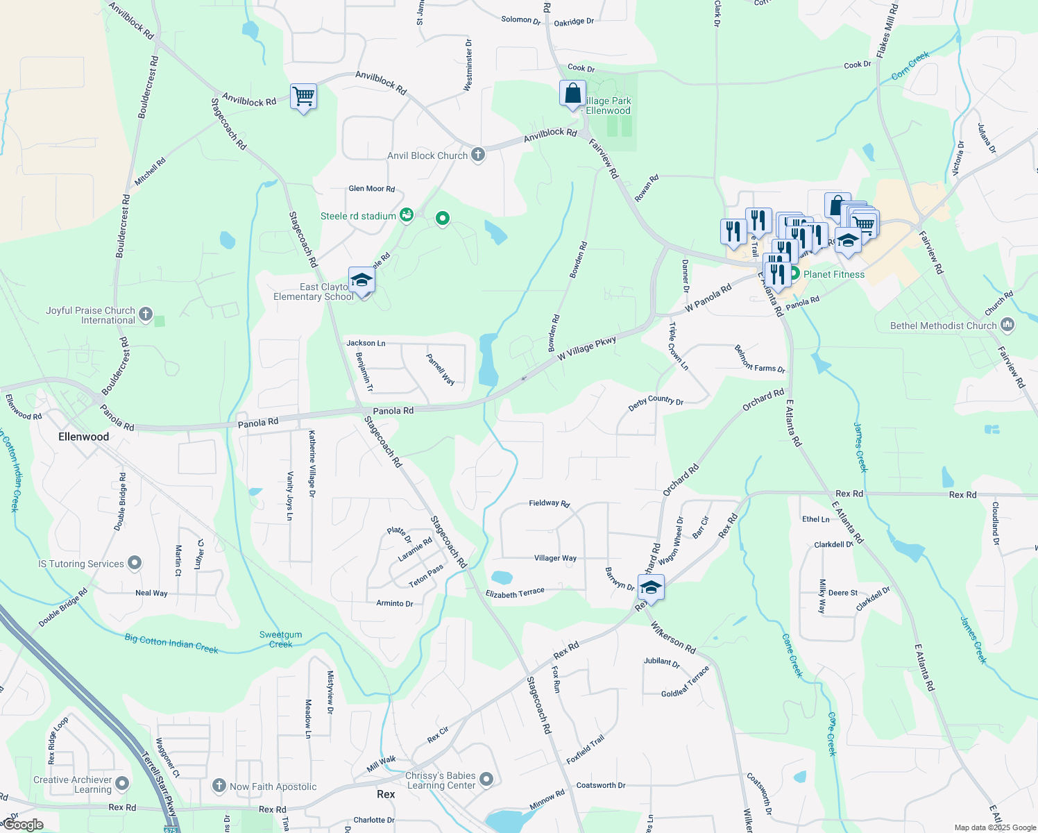 map of restaurants, bars, coffee shops, grocery stores, and more near 131 Peachtree Glen Drive in Ellenwood