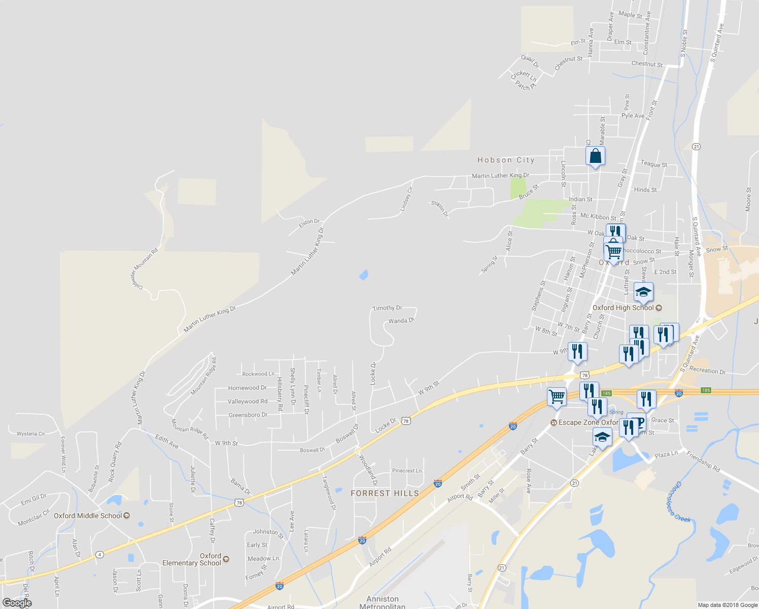 map of restaurants, bars, coffee shops, grocery stores, and more near 829 Timothy Drive in Oxford