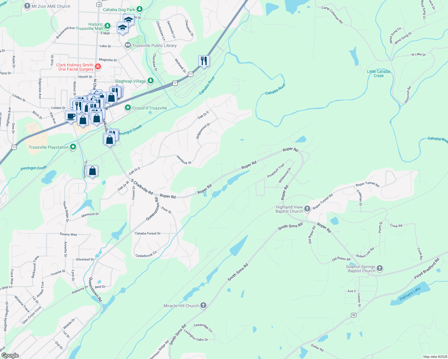 map of restaurants, bars, coffee shops, grocery stores, and more near 3705 Sample Drive in Trussville