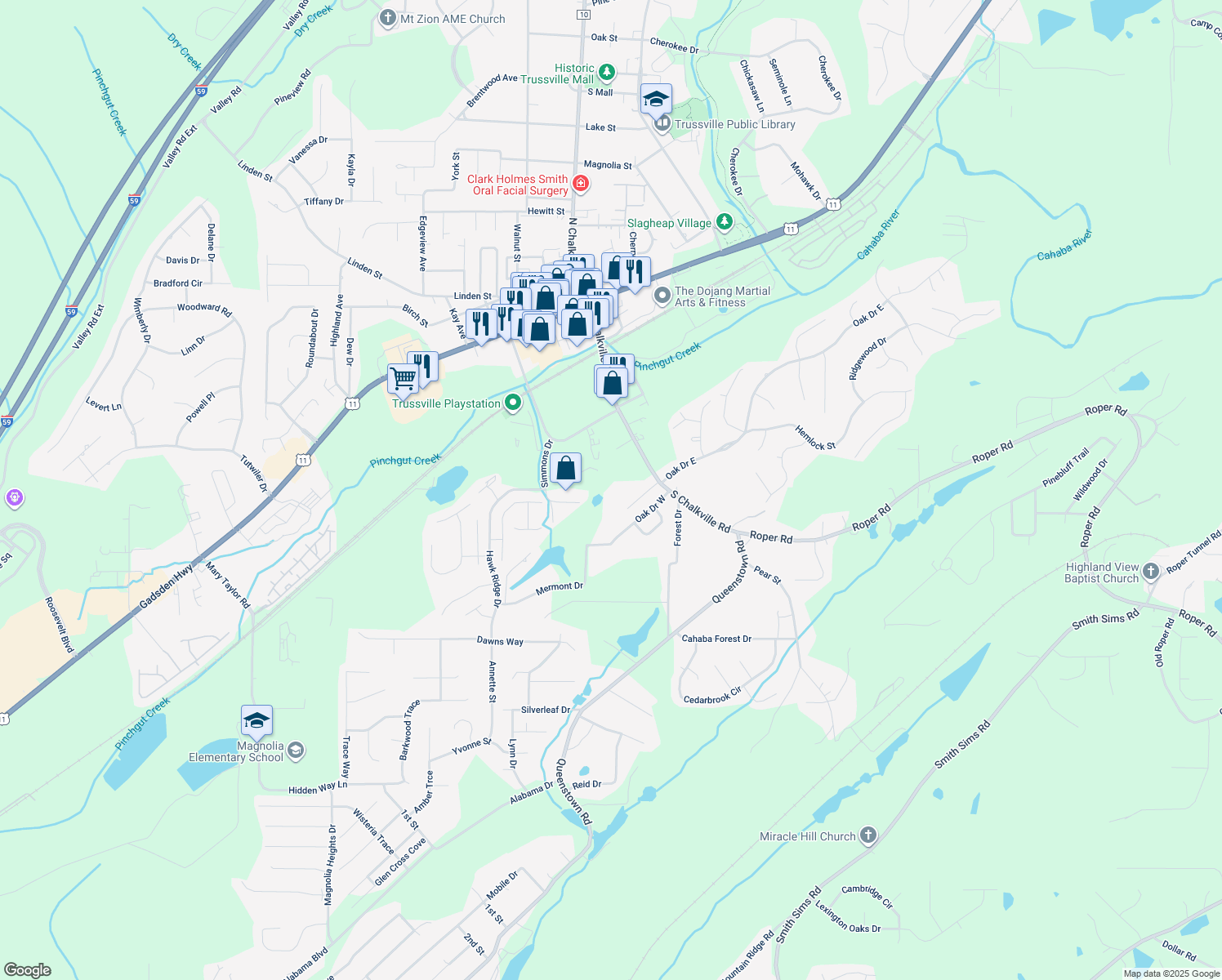 map of restaurants, bars, coffee shops, grocery stores, and more near 6457 South Chalkville Road in Trussville