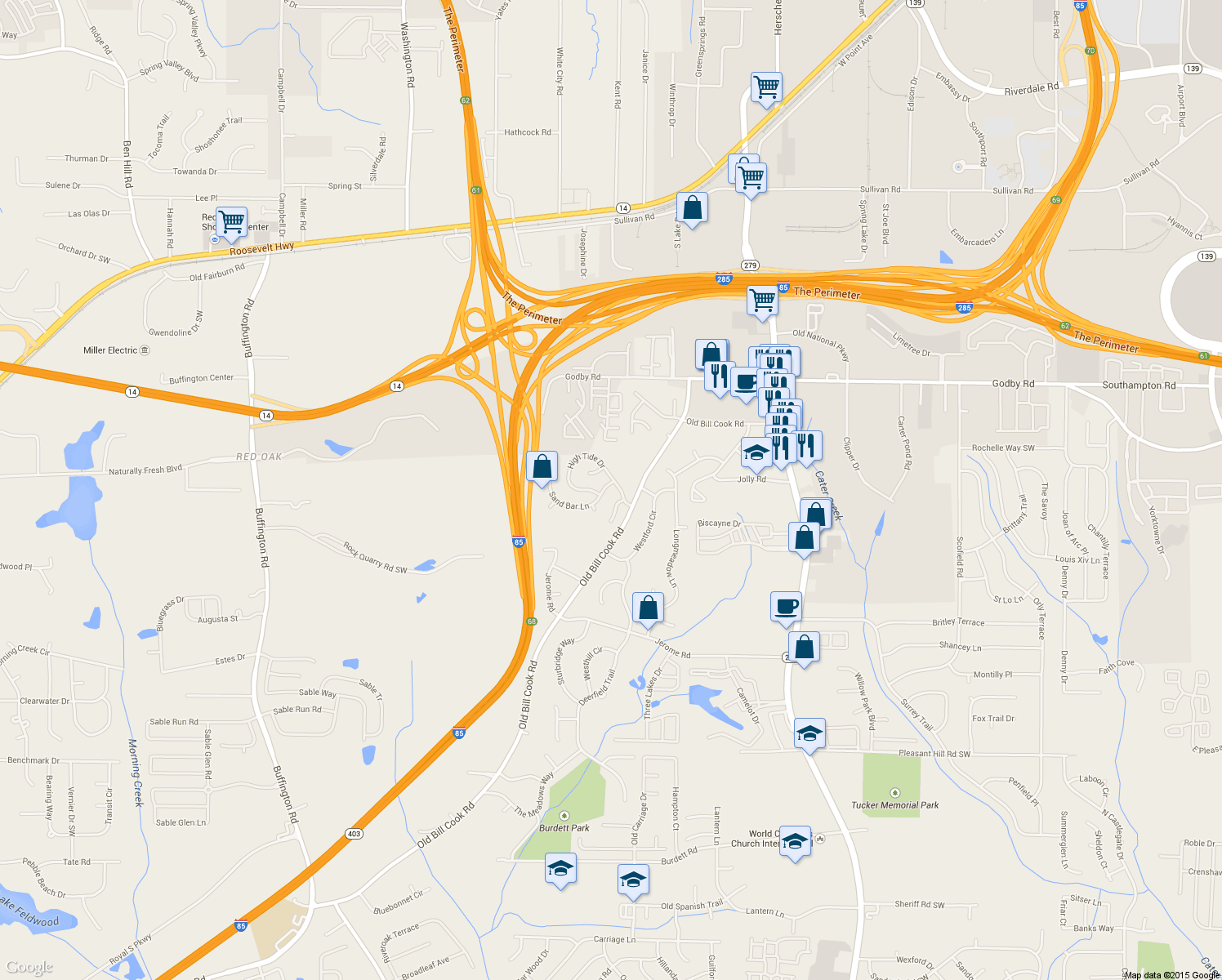 map of restaurants, bars, coffee shops, grocery stores, and more near 5290 Sand Bar Lane in College Park