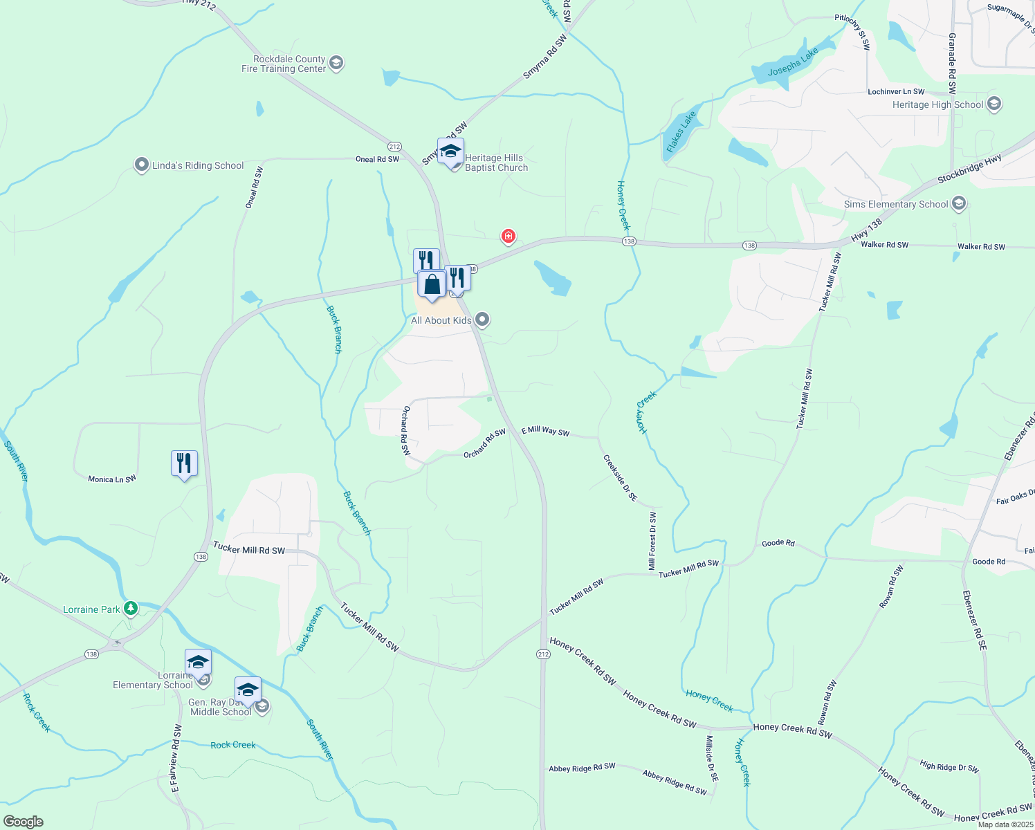 map of restaurants, bars, coffee shops, grocery stores, and more near 2701 E Mill Way Southwest in Conyers