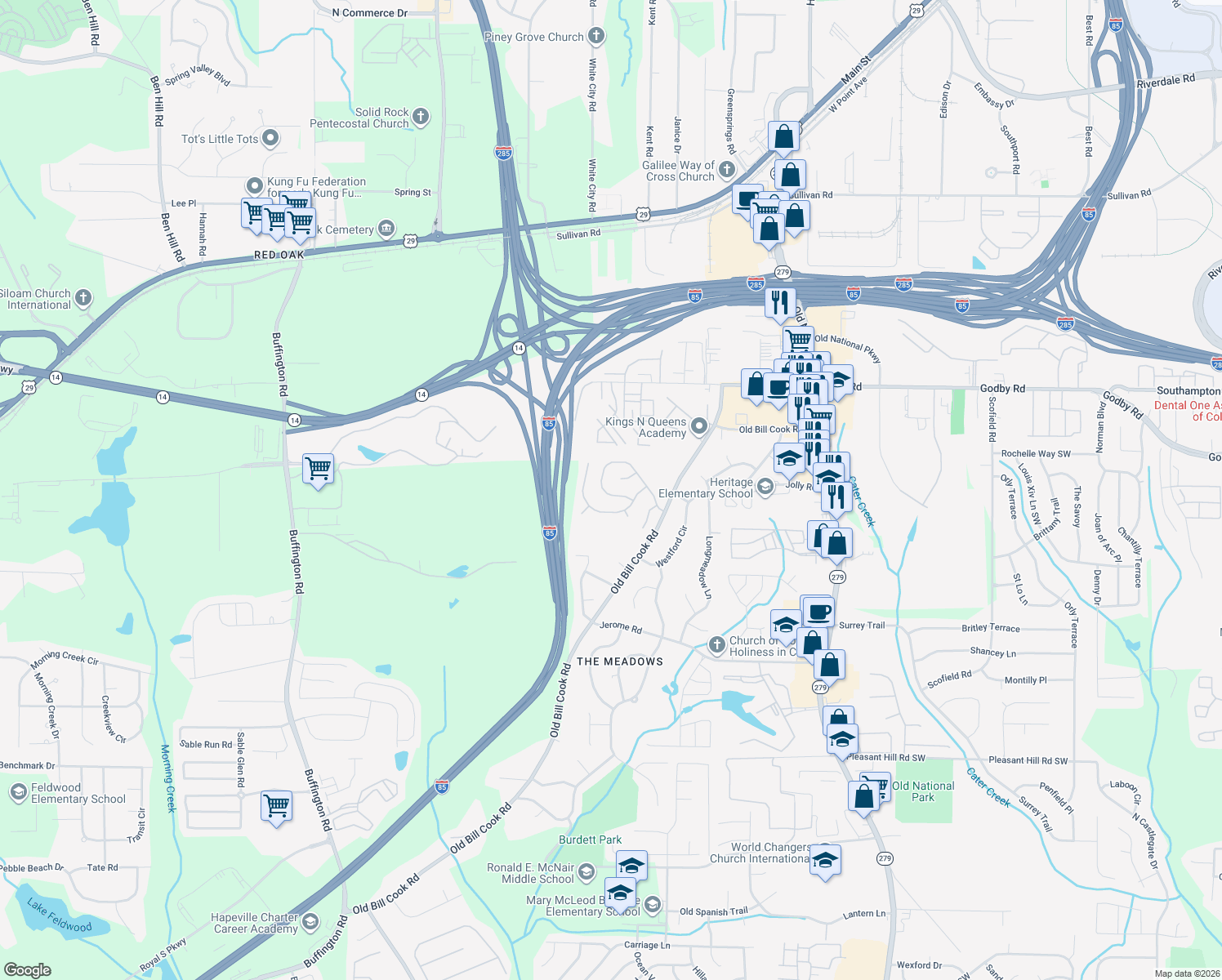 map of restaurants, bars, coffee shops, grocery stores, and more near 2830 High Tide Dr in College Park