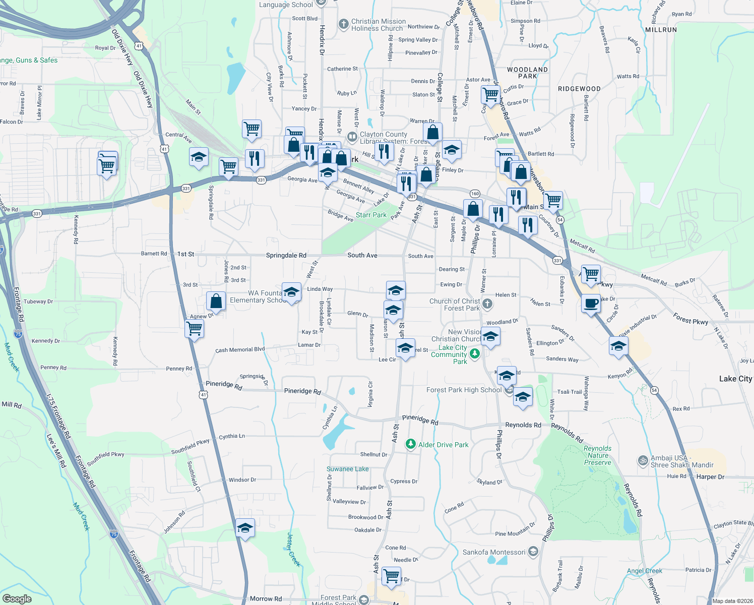 map of restaurants, bars, coffee shops, grocery stores, and more near 745 Linda Way in Forest Park