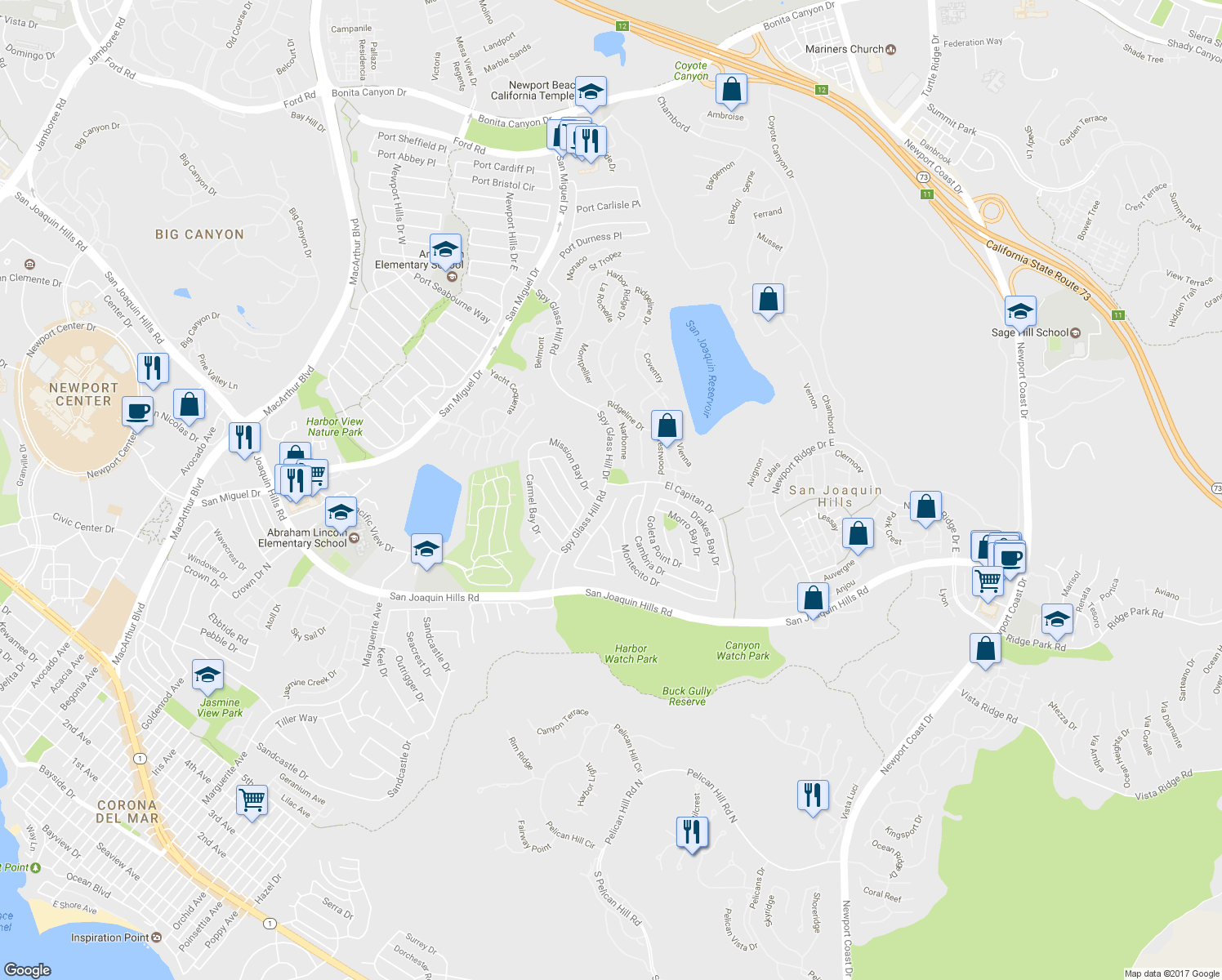 map of restaurants, bars, coffee shops, grocery stores, and more near 39 Bodega Bay Drive in Newport Beach