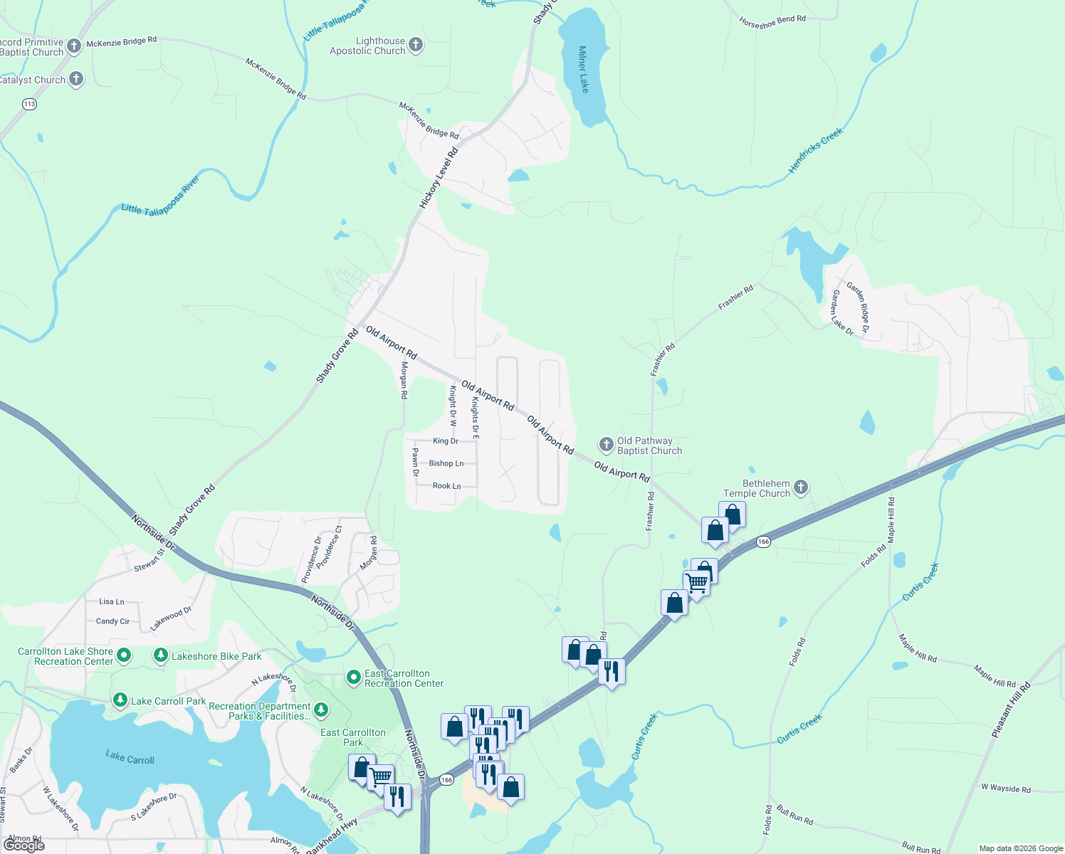 map of restaurants, bars, coffee shops, grocery stores, and more near 365 Old Airport Road in Carrollton