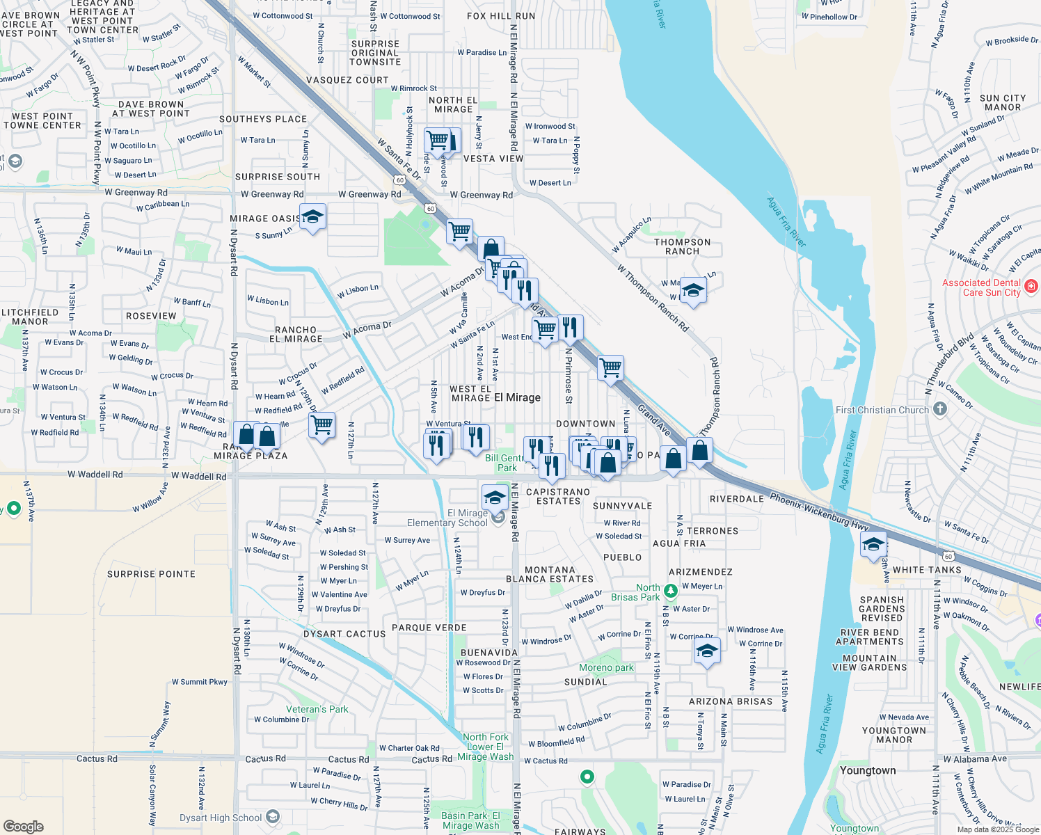 map of restaurants, bars, coffee shops, grocery stores, and more near 14105 North El Mirage Road in El Mirage