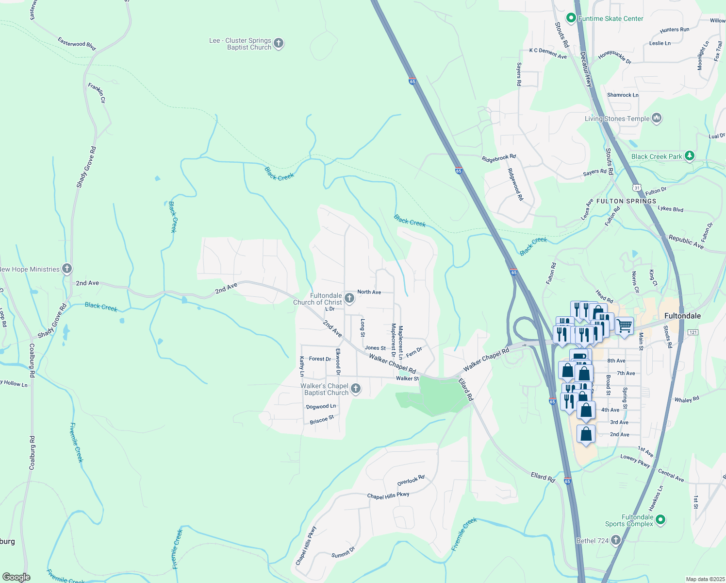 map of restaurants, bars, coffee shops, grocery stores, and more near 2612 North Avenue in Fultondale