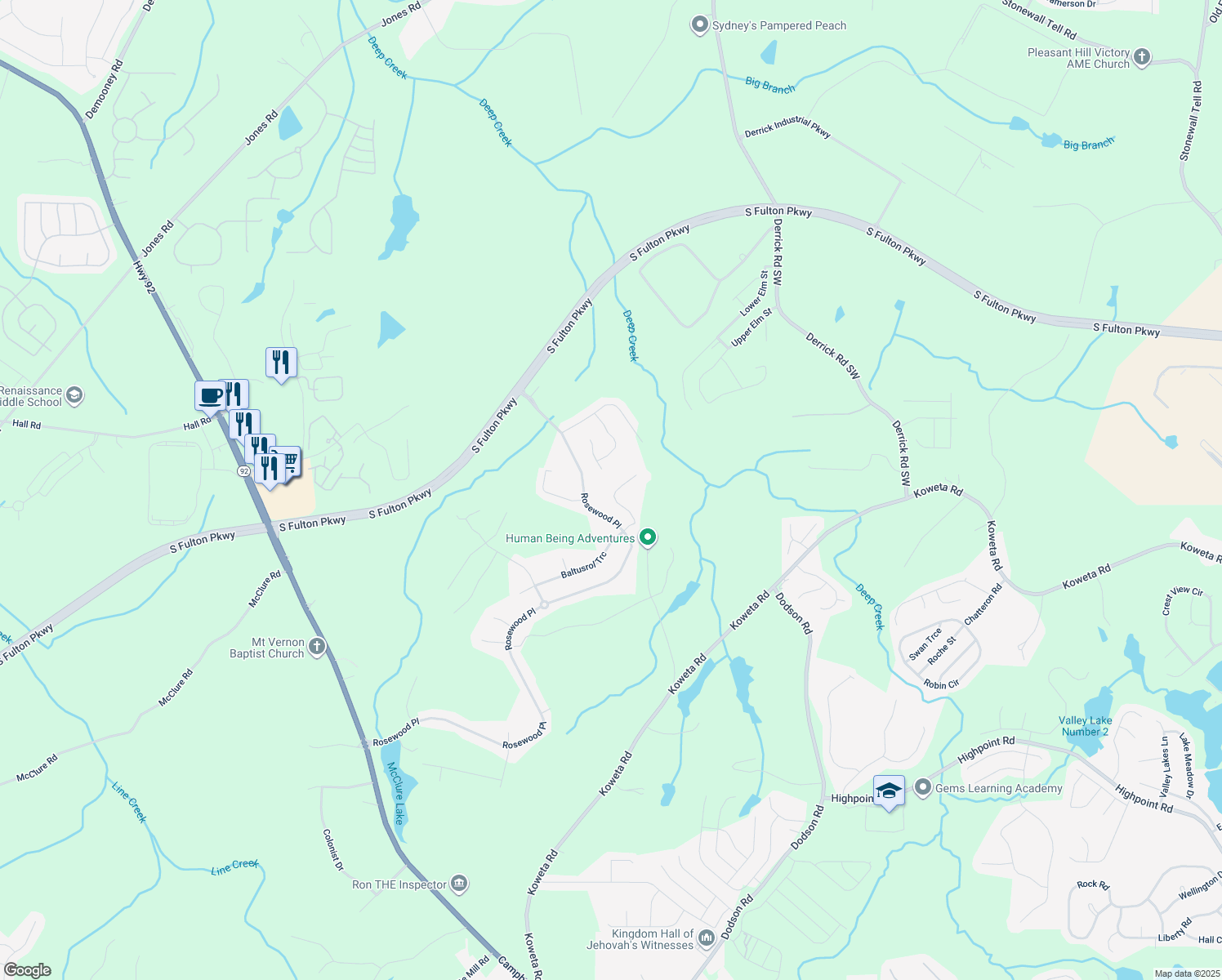 map of restaurants, bars, coffee shops, grocery stores, and more near 916 Belfry Terrace in Fairburn