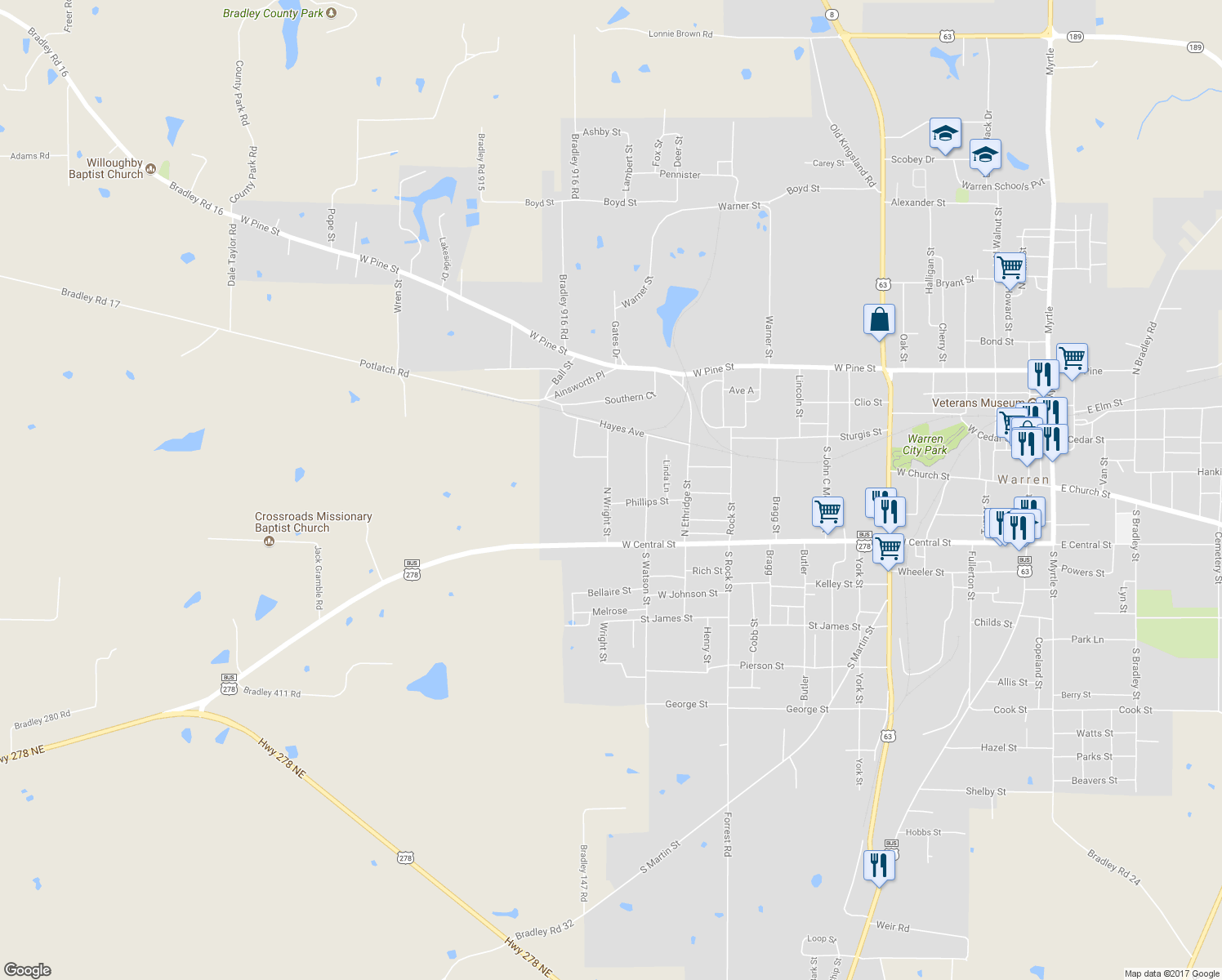 map of restaurants, bars, coffee shops, grocery stores, and more near 215 North Wright Street in Warren