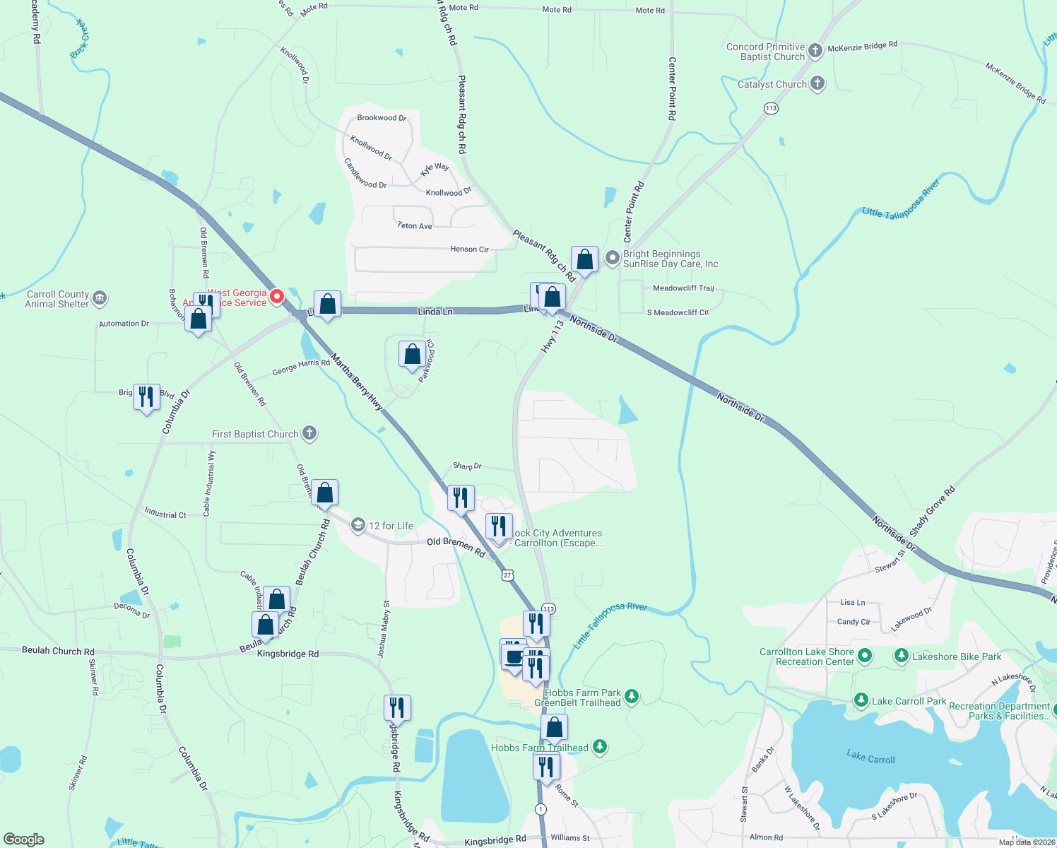 map of restaurants, bars, coffee shops, grocery stores, and more near 15 Gibson Drive in Carrollton