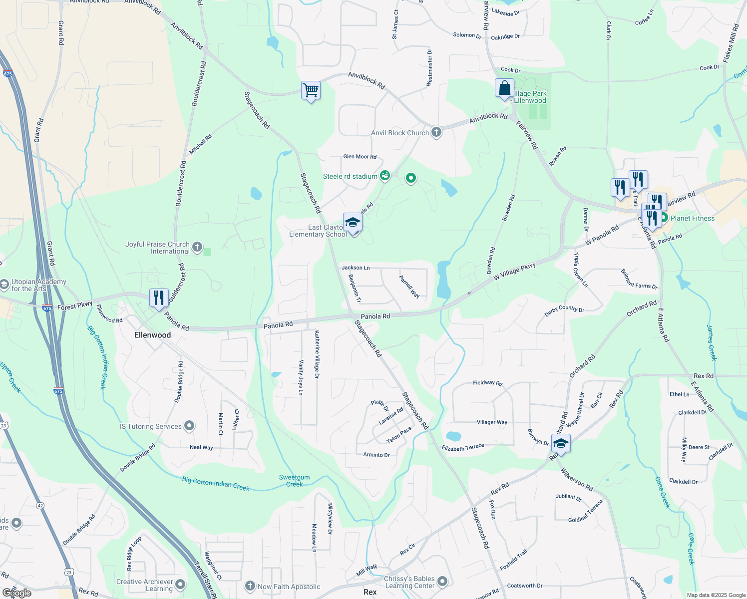map of restaurants, bars, coffee shops, grocery stores, and more near 5252 Benjamin Tr in Ellenwood