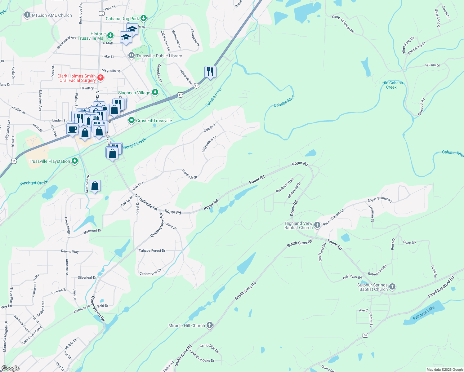 map of restaurants, bars, coffee shops, grocery stores, and more near 3705 Sample Drive in Trussville