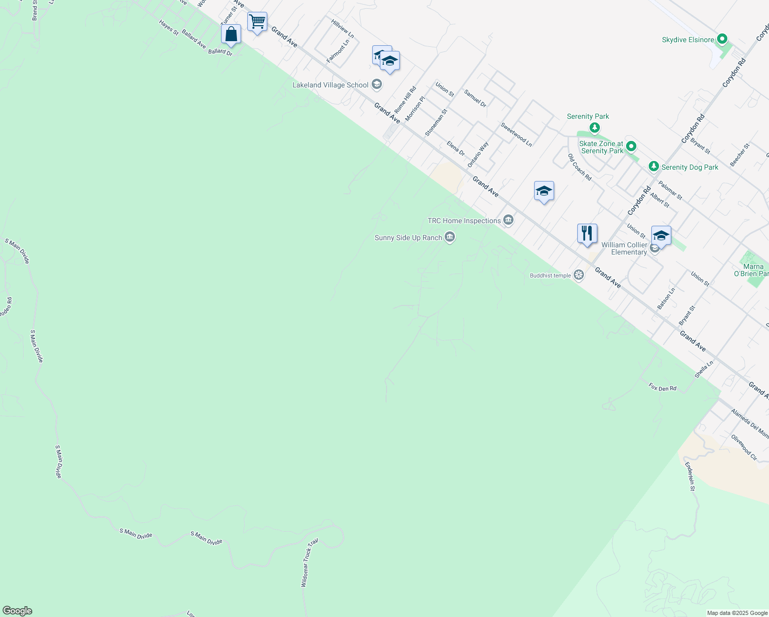 map of restaurants, bars, coffee shops, grocery stores, and more near 19251 Jasmine Court in Lake Elsinore