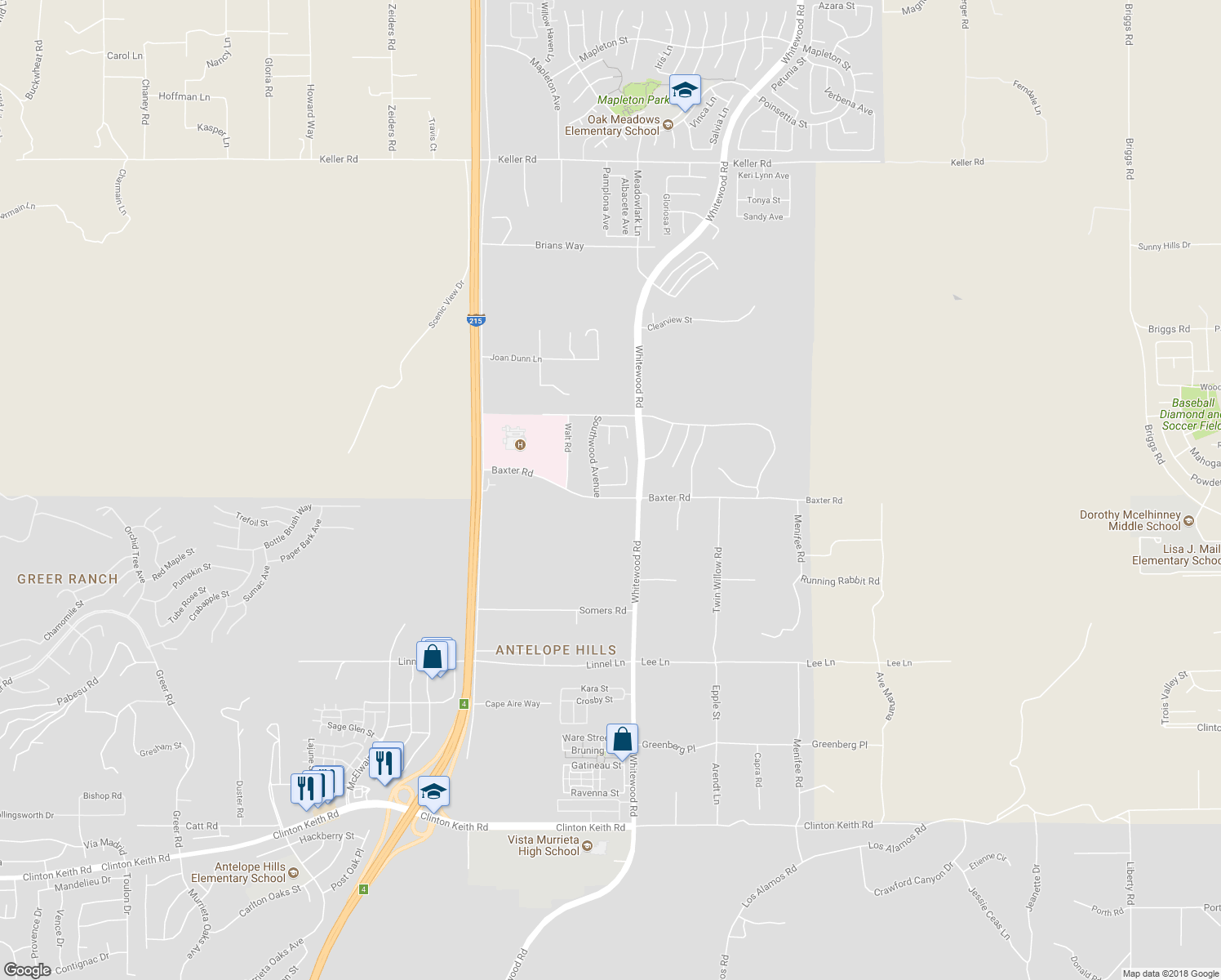 map of restaurants, bars, coffee shops, grocery stores, and more near 28517-28621 Baxter Road in Murrieta