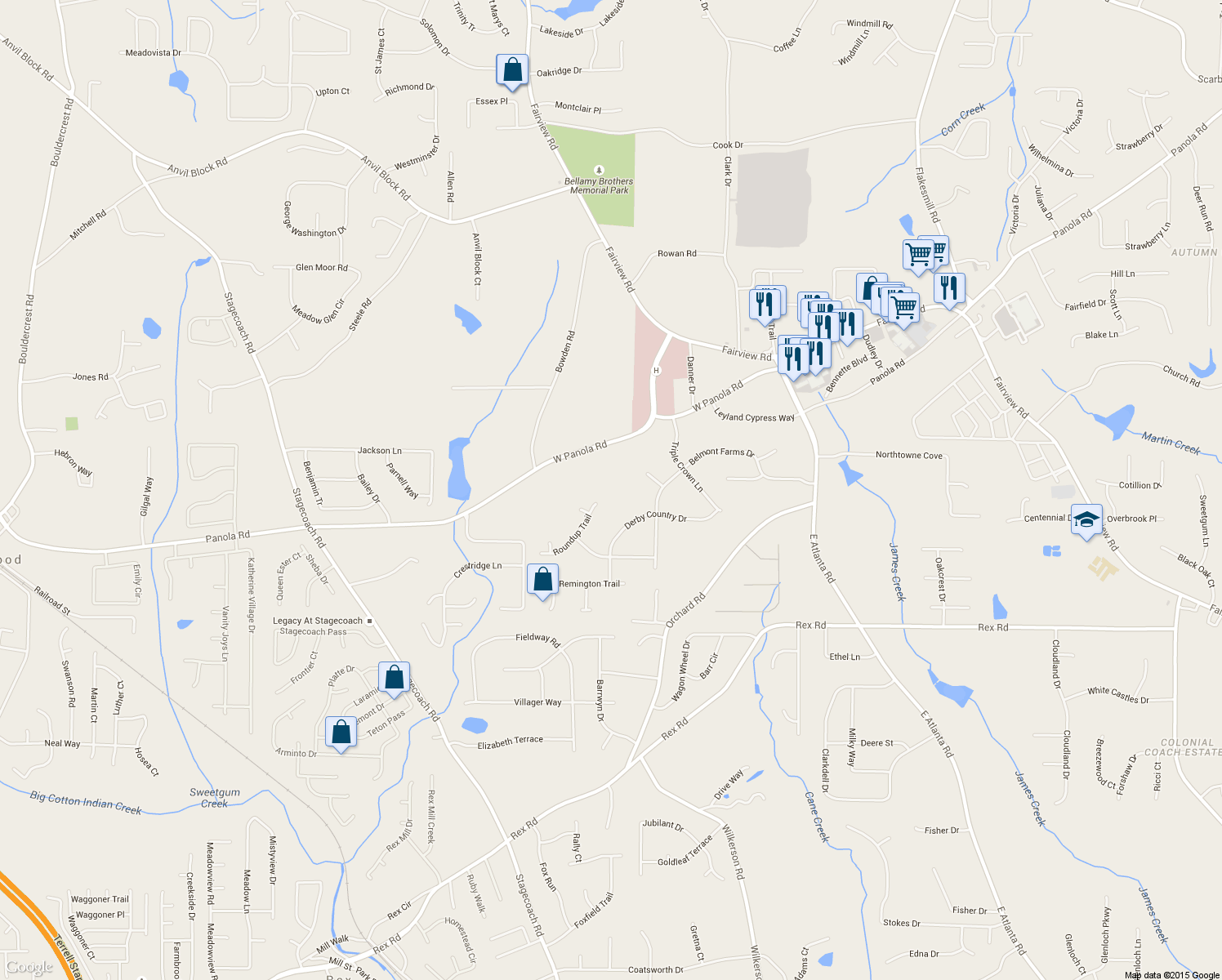 map of restaurants, bars, coffee shops, grocery stores, and more near 400 Roundup Trail in Ellenwood