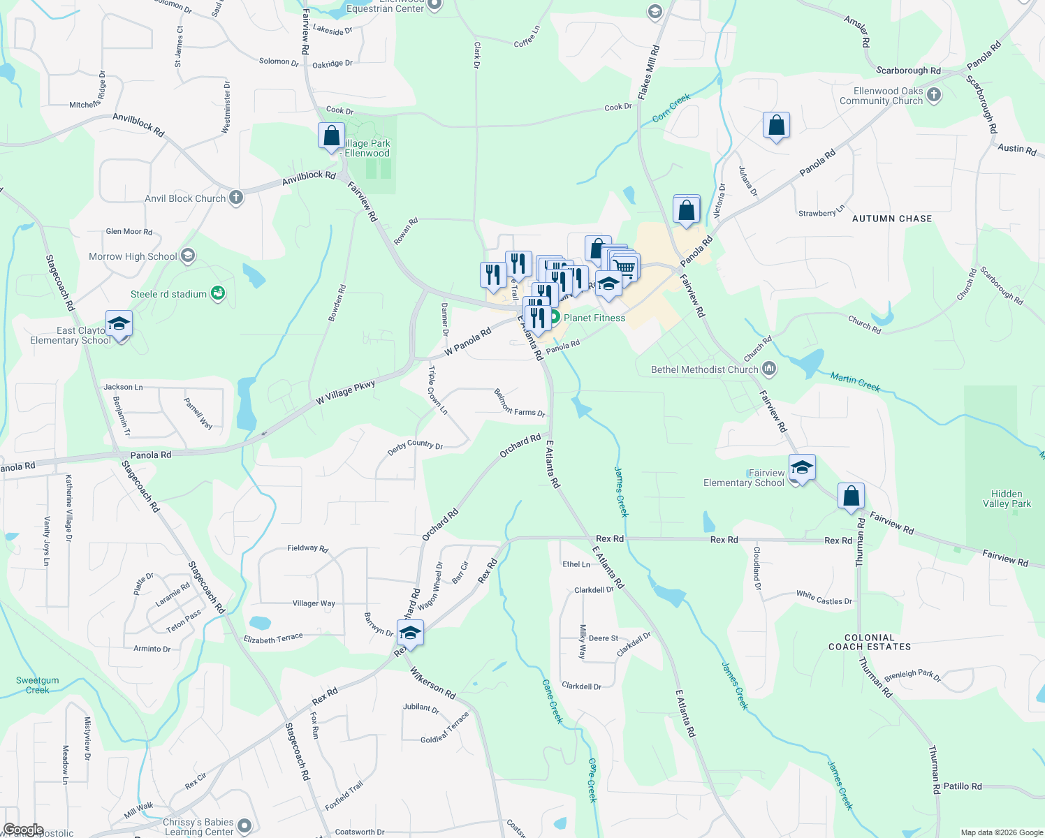 map of restaurants, bars, coffee shops, grocery stores, and more near 35 Belmont Farms Drive in Ellenwood