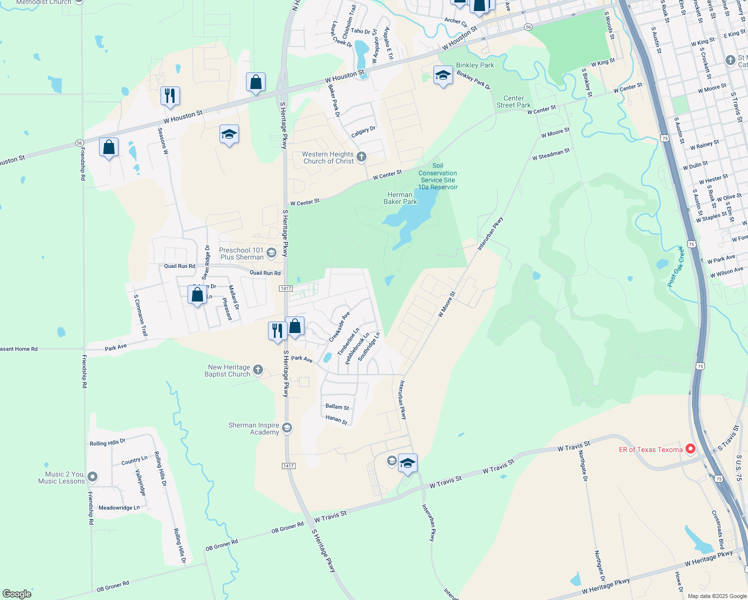 map of restaurants, bars, coffee shops, grocery stores, and more near 1505 Southridge Lane in Sherman