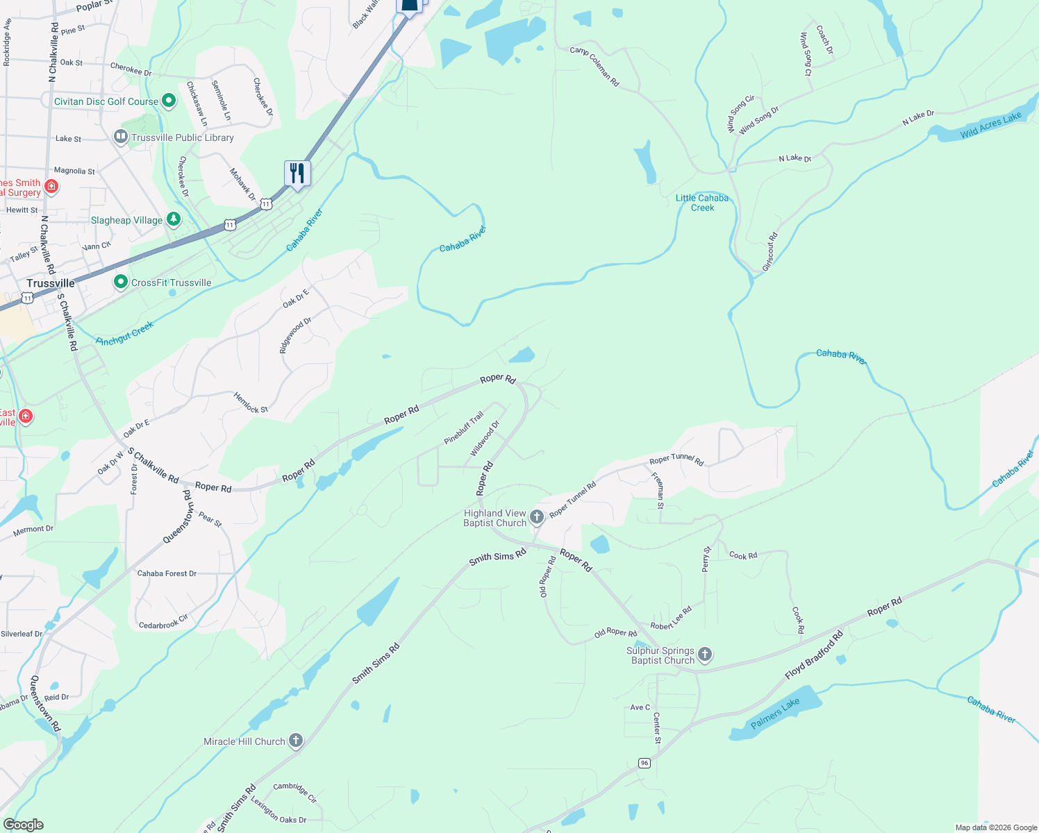 map of restaurants, bars, coffee shops, grocery stores, and more near 210 Wildwood Drive in Trussville