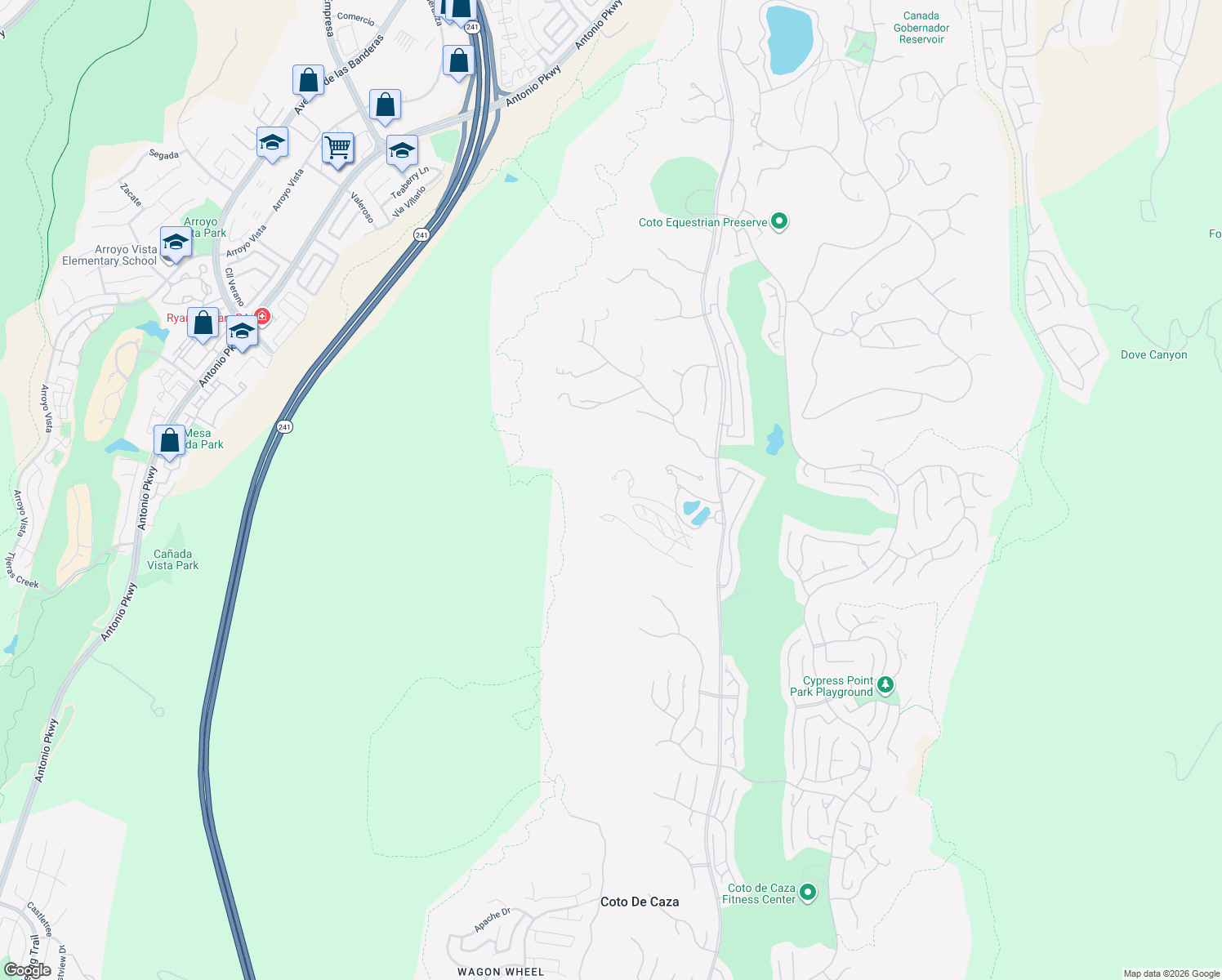 map of restaurants, bars, coffee shops, grocery stores, and more near 24331 Coto De Caza Drive in Trabuco Canyon