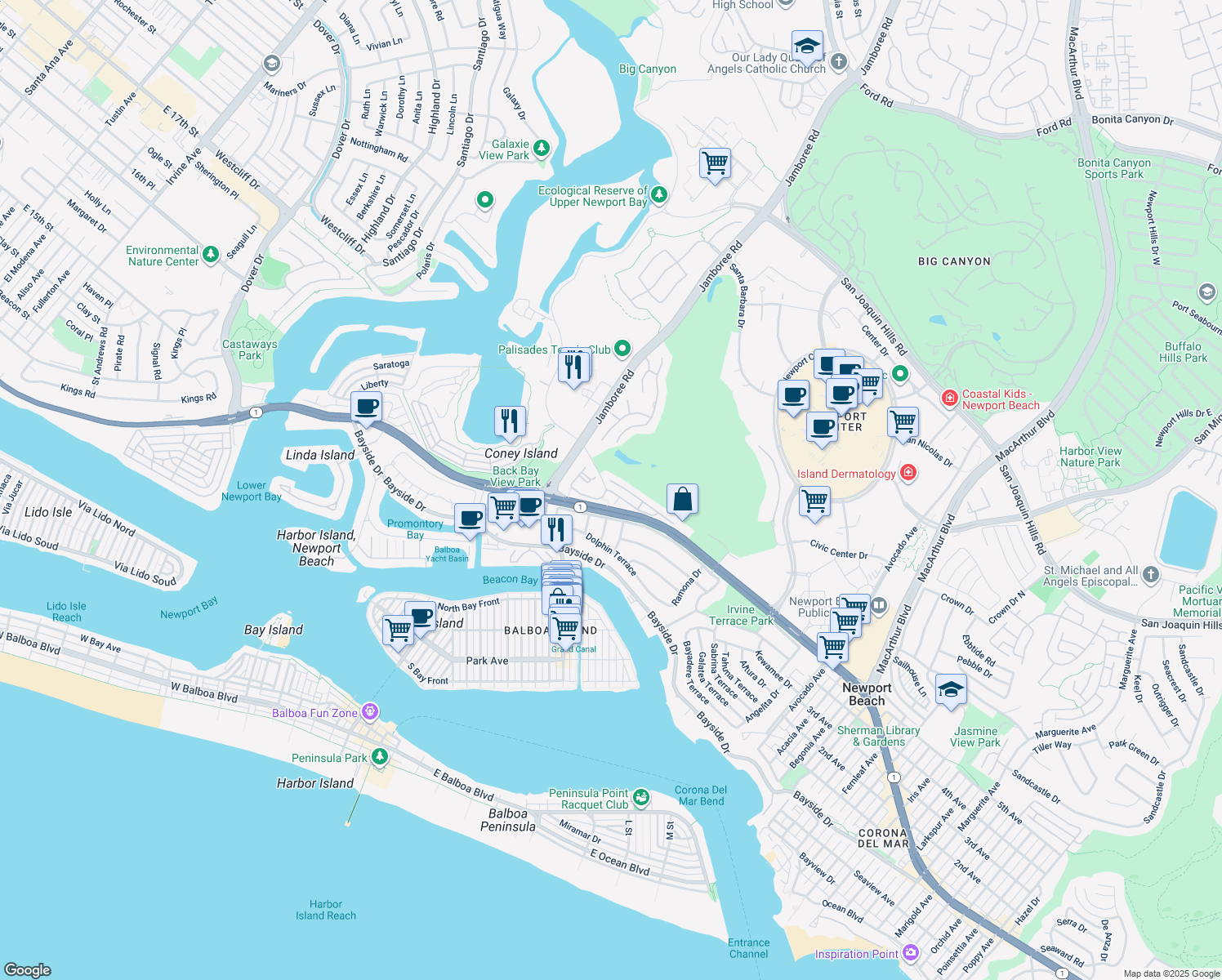 map of restaurants, bars, coffee shops, grocery stores, and more near 243 Villa Point Drive in Newport Beach