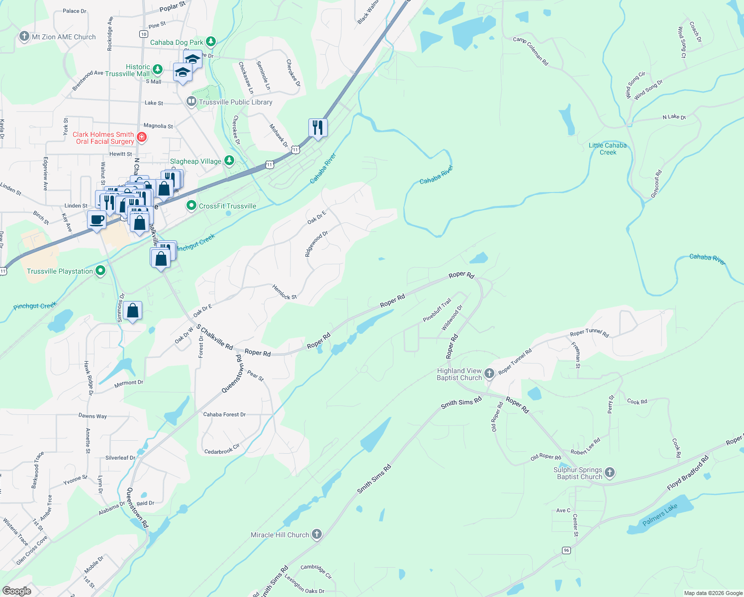 map of restaurants, bars, coffee shops, grocery stores, and more near 6942 Roper Road in Trussville