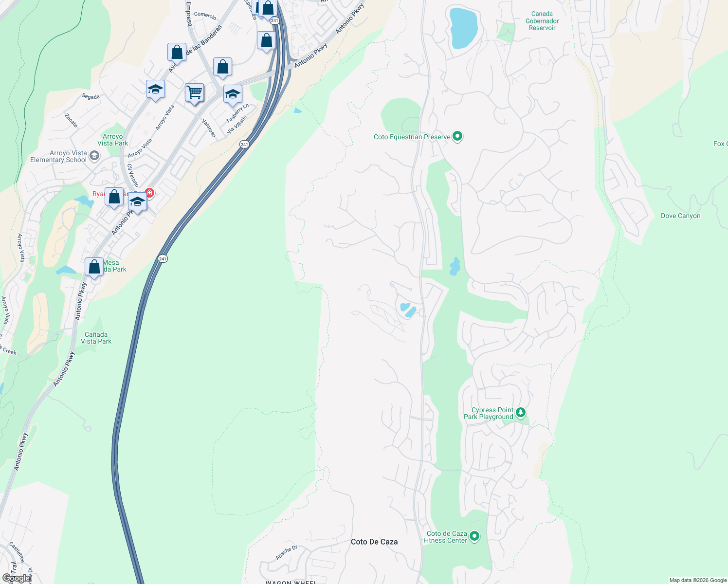 map of restaurants, bars, coffee shops, grocery stores, and more near 24331 Coto De Caza Drive in Trabuco Canyon