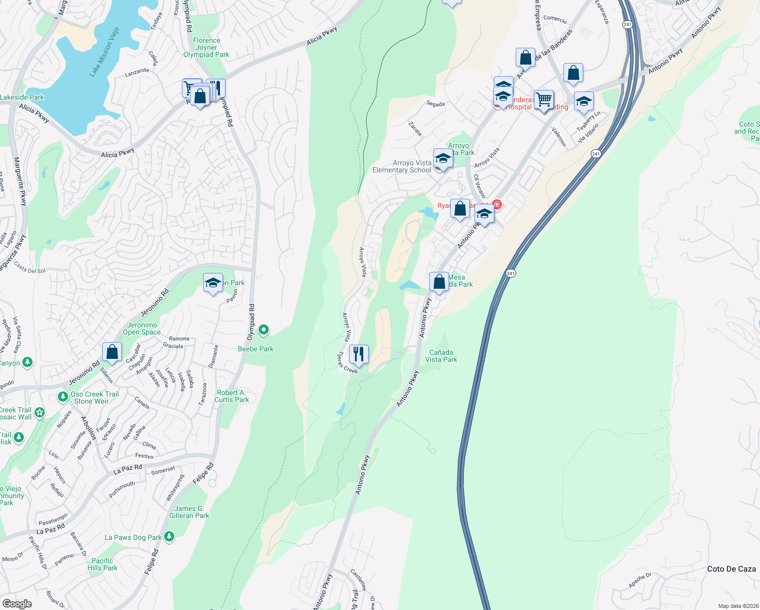 map of restaurants, bars, coffee shops, grocery stores, and more near 5 Telliz in Rancho Santa Margarita