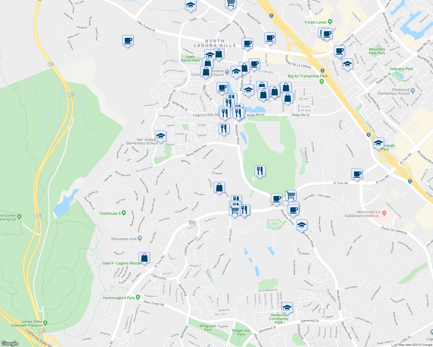 map of restaurants, bars, coffee shops, grocery stores, and more near 3054 Via Serena South in Laguna Woods