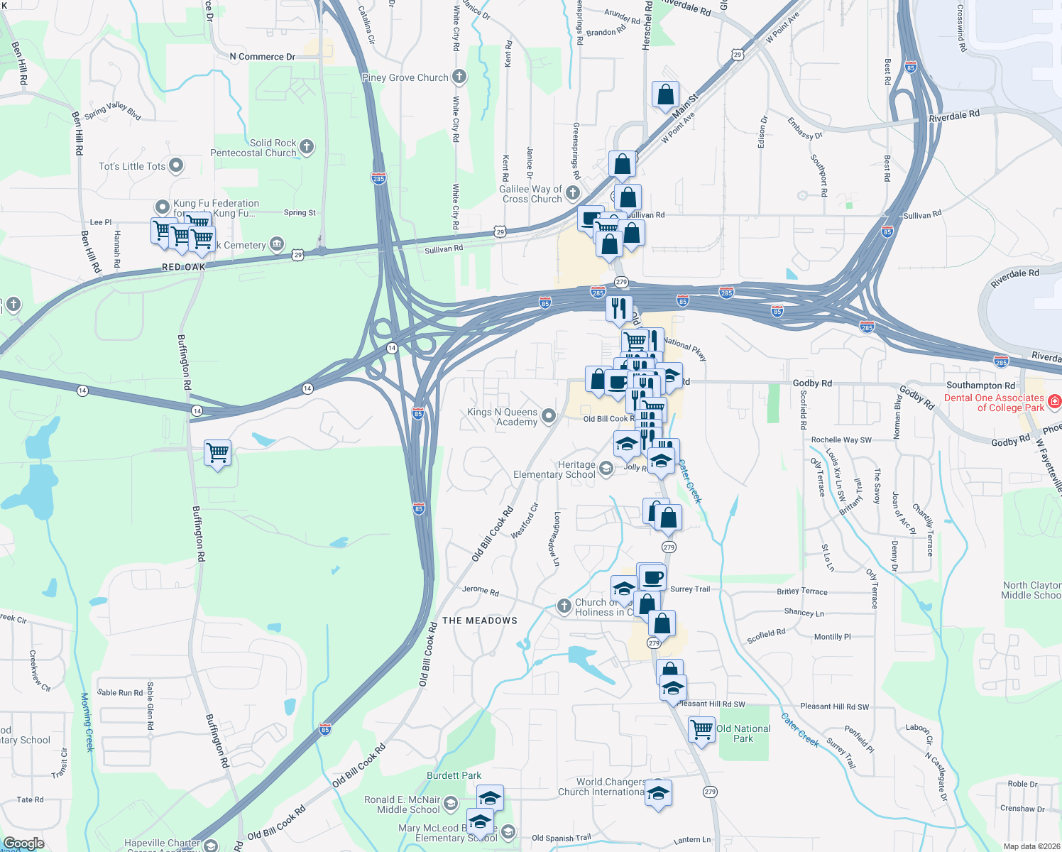 map of restaurants, bars, coffee shops, grocery stores, and more near 2742 Sand Lake Ct in College Park