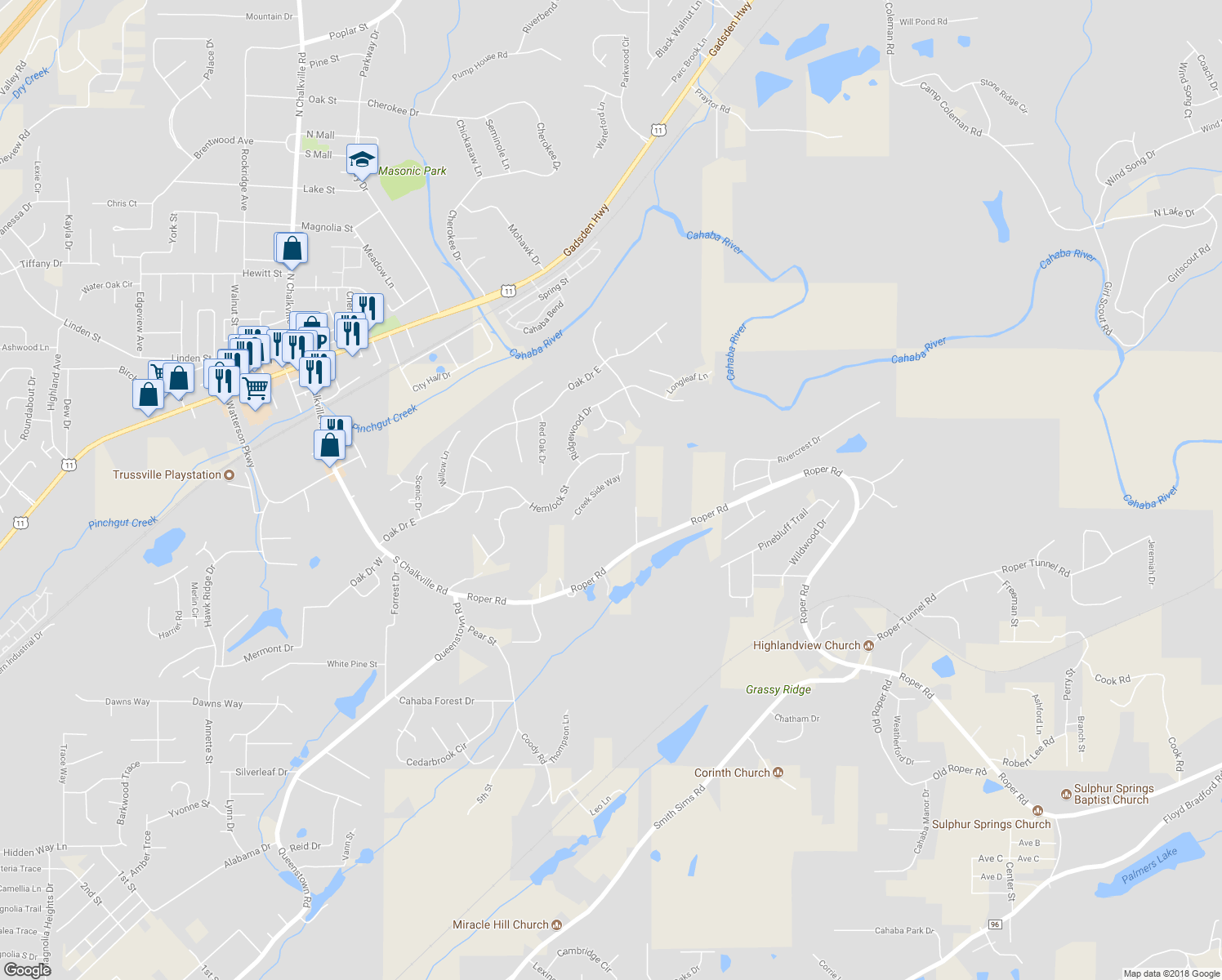 map of restaurants, bars, coffee shops, grocery stores, and more near 3781 Creek Side Way in Trussville