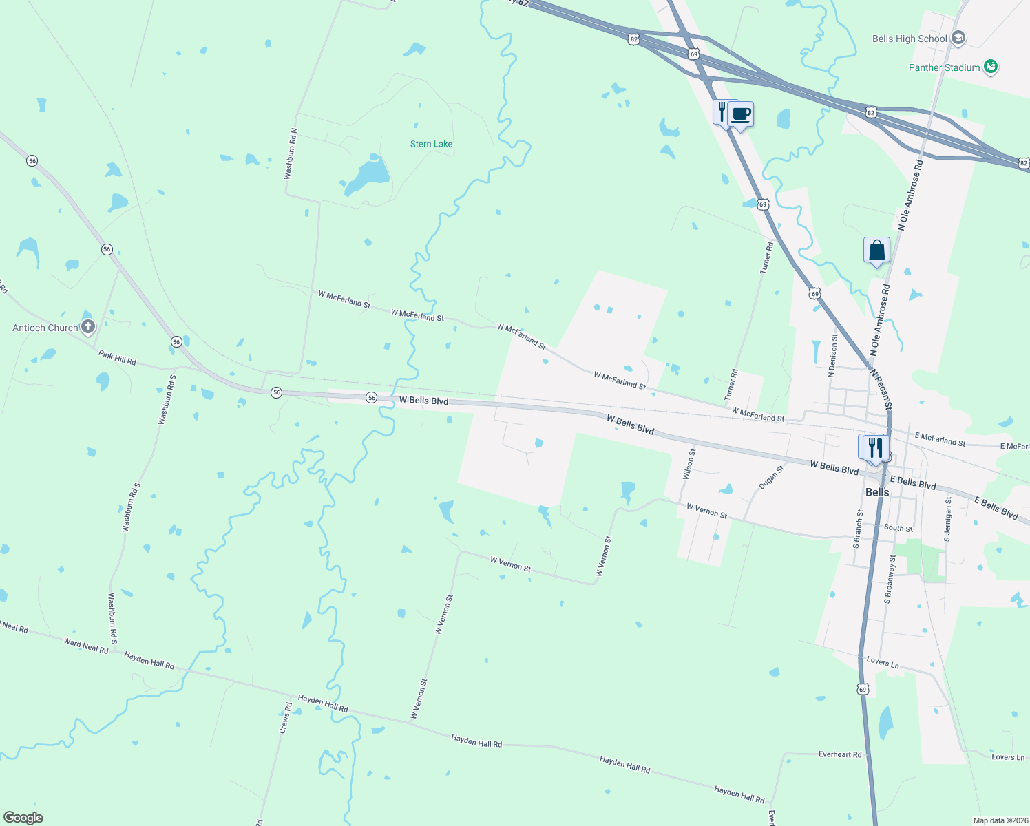 map of restaurants, bars, coffee shops, grocery stores, and more near 1007 Stephens Drive in Bells