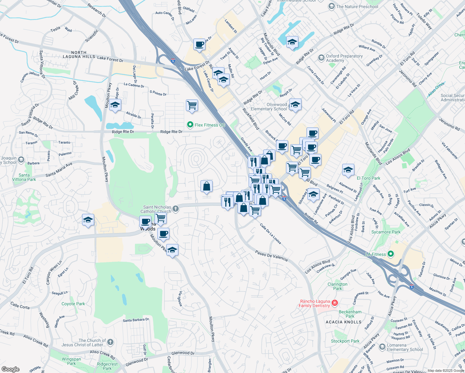 map of restaurants, bars, coffee shops, grocery stores, and more near 2093 Ronda Granada in Laguna Woods