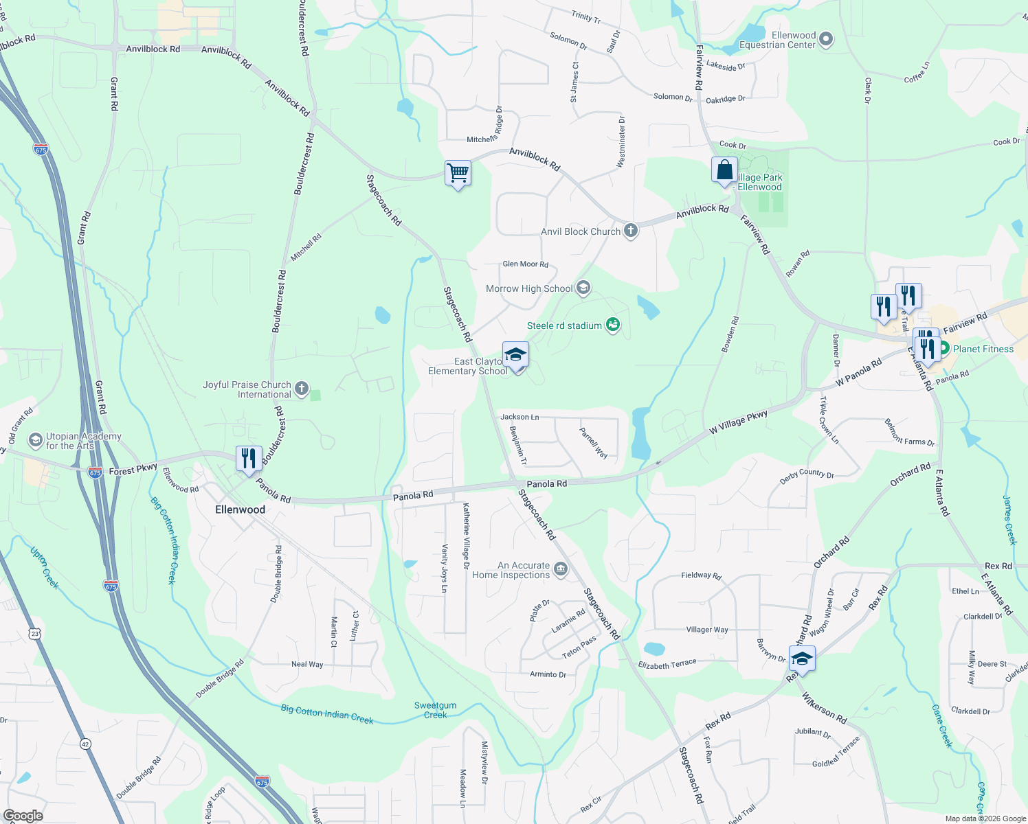 map of restaurants, bars, coffee shops, grocery stores, and more near 3680 Jackson Lane in Ellenwood