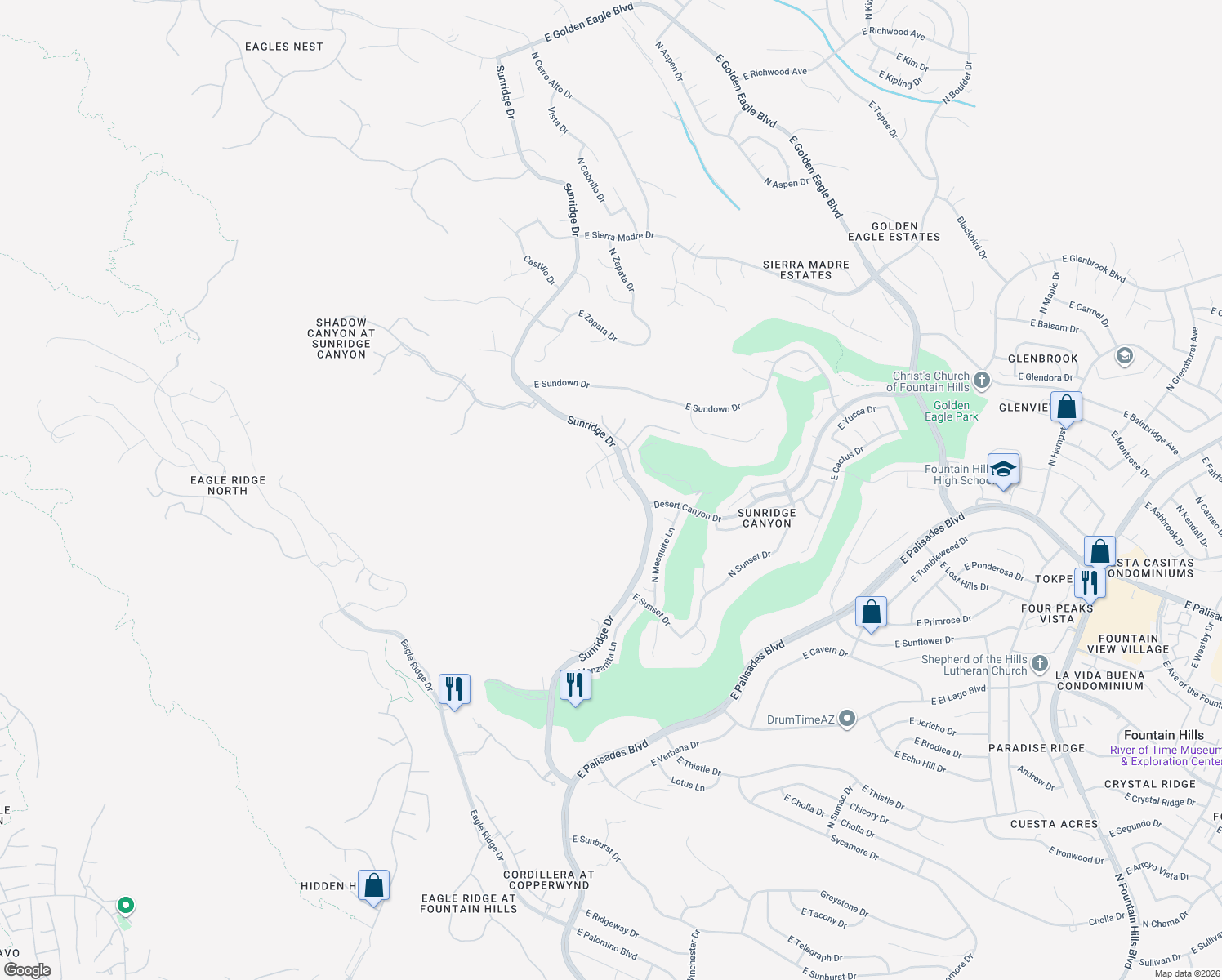 map of restaurants, bars, coffee shops, grocery stores, and more near 14213 Desert Flower Drive in Fountain Hills