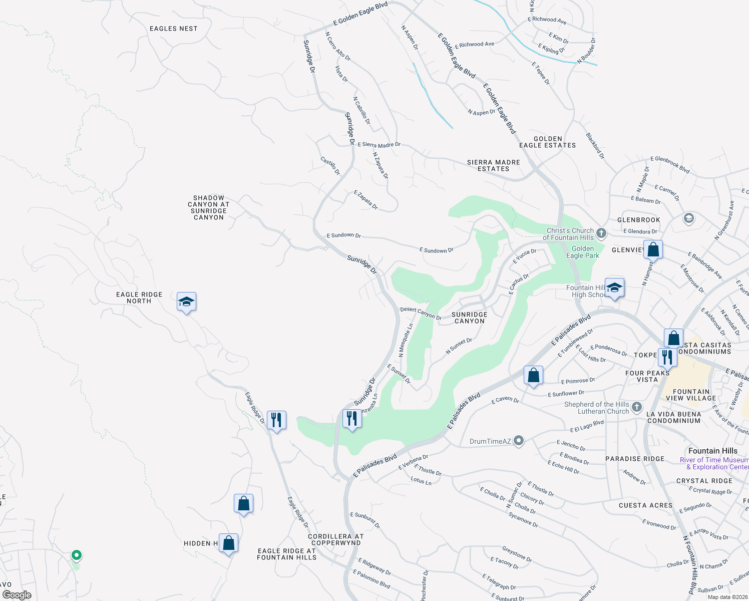 map of restaurants, bars, coffee shops, grocery stores, and more near 14213 Desert Flower Drive in Fountain Hills